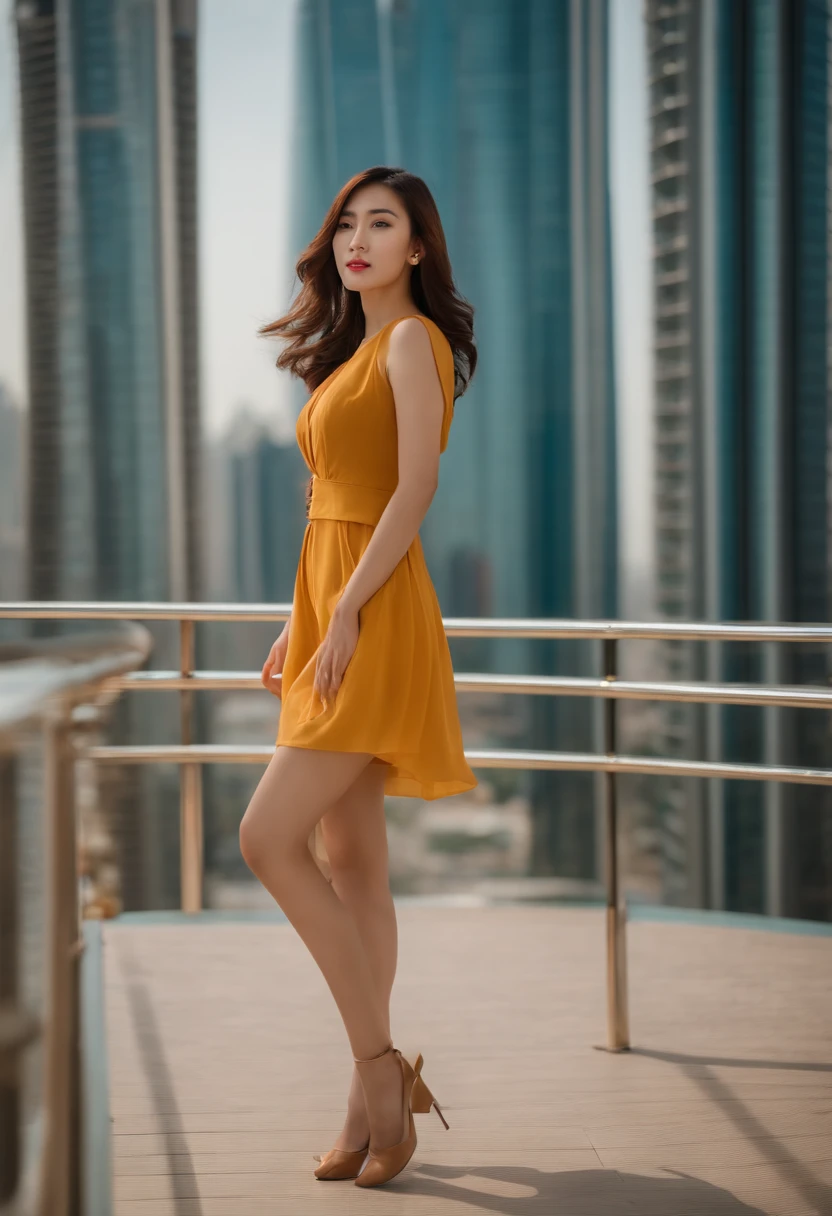 Nice looking korean woman wearing normal clothes, medium bust, two beautifull legs, two arms, brown shoulder-length hair and bangs, on top off skytower in dubai