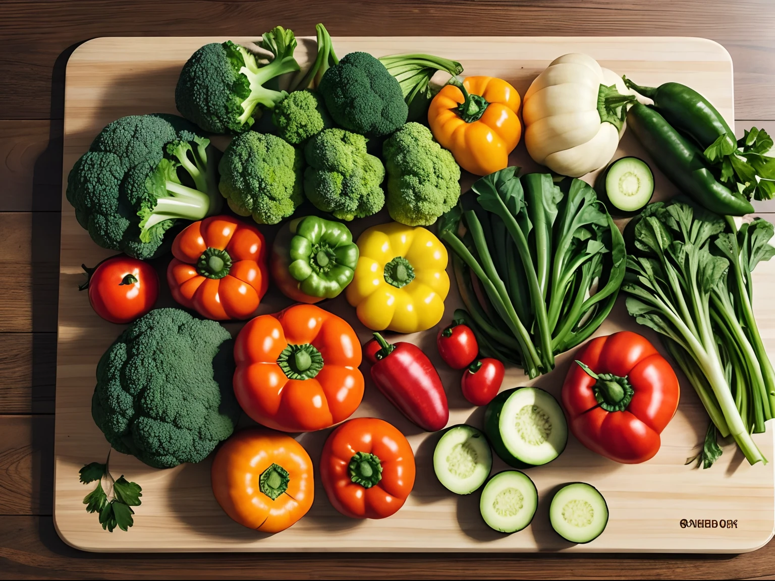 vegetables laying on a cutting board with empty space in the center