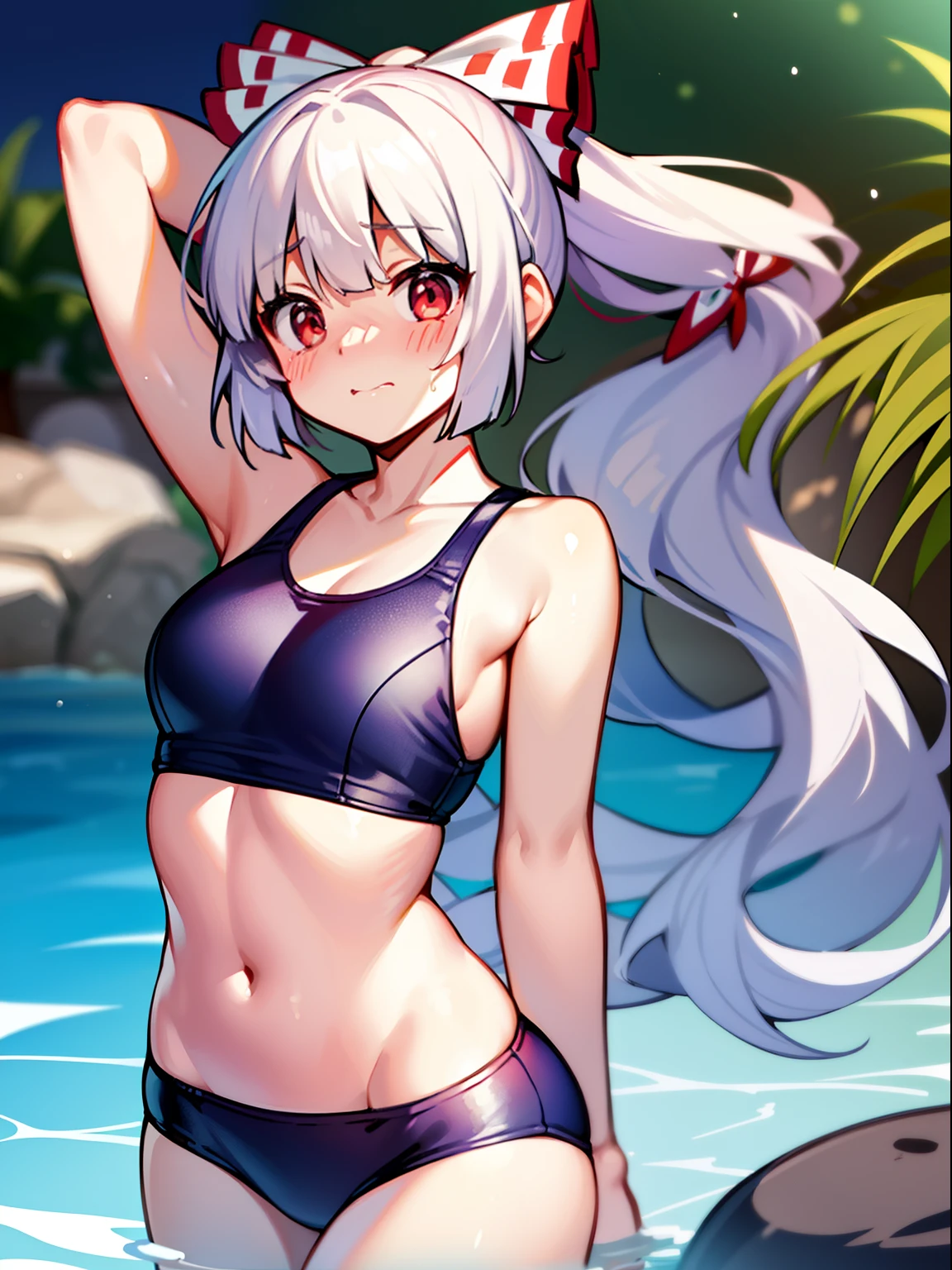 hujiwara no mokou、wearing a swimming wear、beautiful countenance、embarrassed from、blushed face、Highlights in the eyes、petite body type,white hair