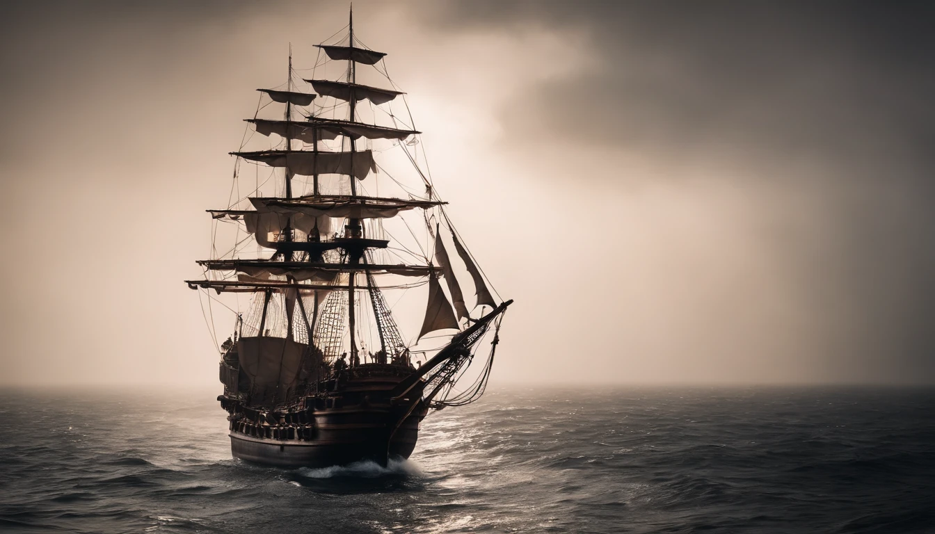a mysterious pirate ship in the middle of the ocean in the haze