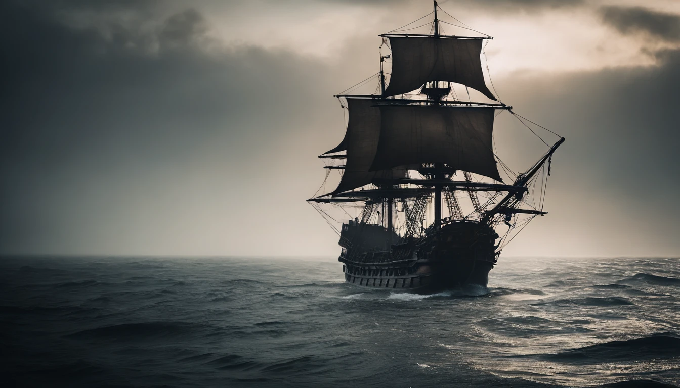 a mysterious pirate ship in the middle of the ocean in the haze