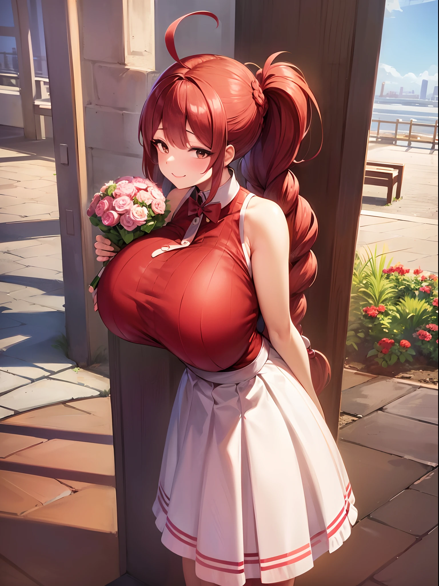 masutepiece, Best Quality, Jennie, shairband, Red Sweater, Ruffled white skirt, sneakers, Standing, View Viewer View、Holding a bouquet of flowers in your hands、(huge-breasted:1.5),kindly smile,giant braid ponytail,ahoge,