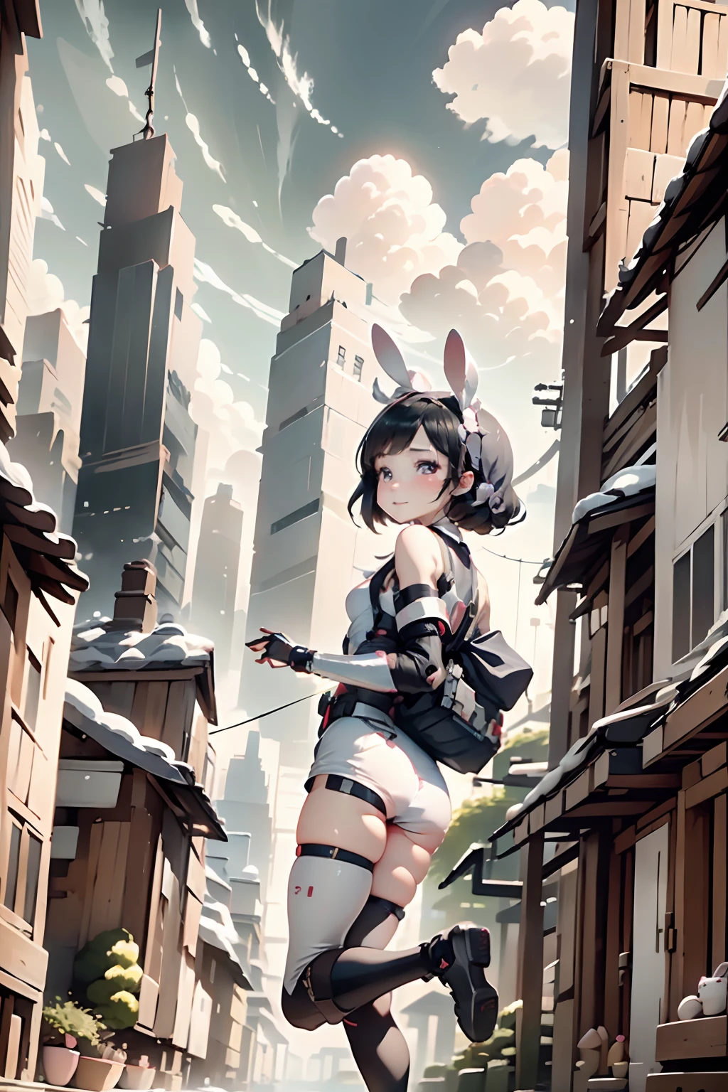 (Sunglasses: 1.2), (Red swimsuit: 1.1), School swimsuit, thick eyebrows, leather backpack, bazooka that sticks out of the backpack, carrying heavy weapons, (dark skin: 1.3), black gloves, brown skin, movie lighting, small, beautiful light pink hair, rabbit ears, (masterpiece), ((best quality)), (super detailed), glossy skin, full body anime girl, solo, clean and detailed anime face, High resolution animated eyes, five fingers, textile shading, perfect human structure, perfect anatomy,