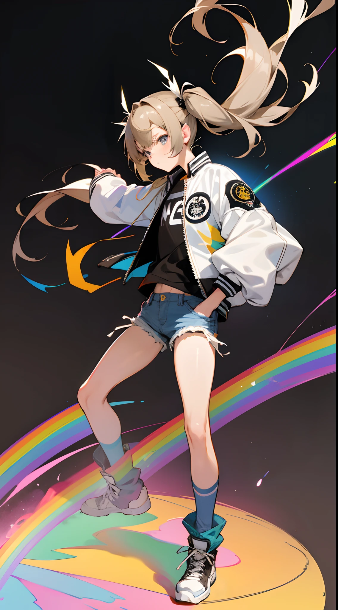 Manga, Drawing, Grey eyes, short light brown hair, Blind, Hyuga, black background, Pigtails,colorful,rainbow aura, jean shorts,Punk Rock,loose white uniform jacket with sleeves that stop at his forearms. He also wears slender blue jeans that tuck into white sneakers that match his jacket.,Female