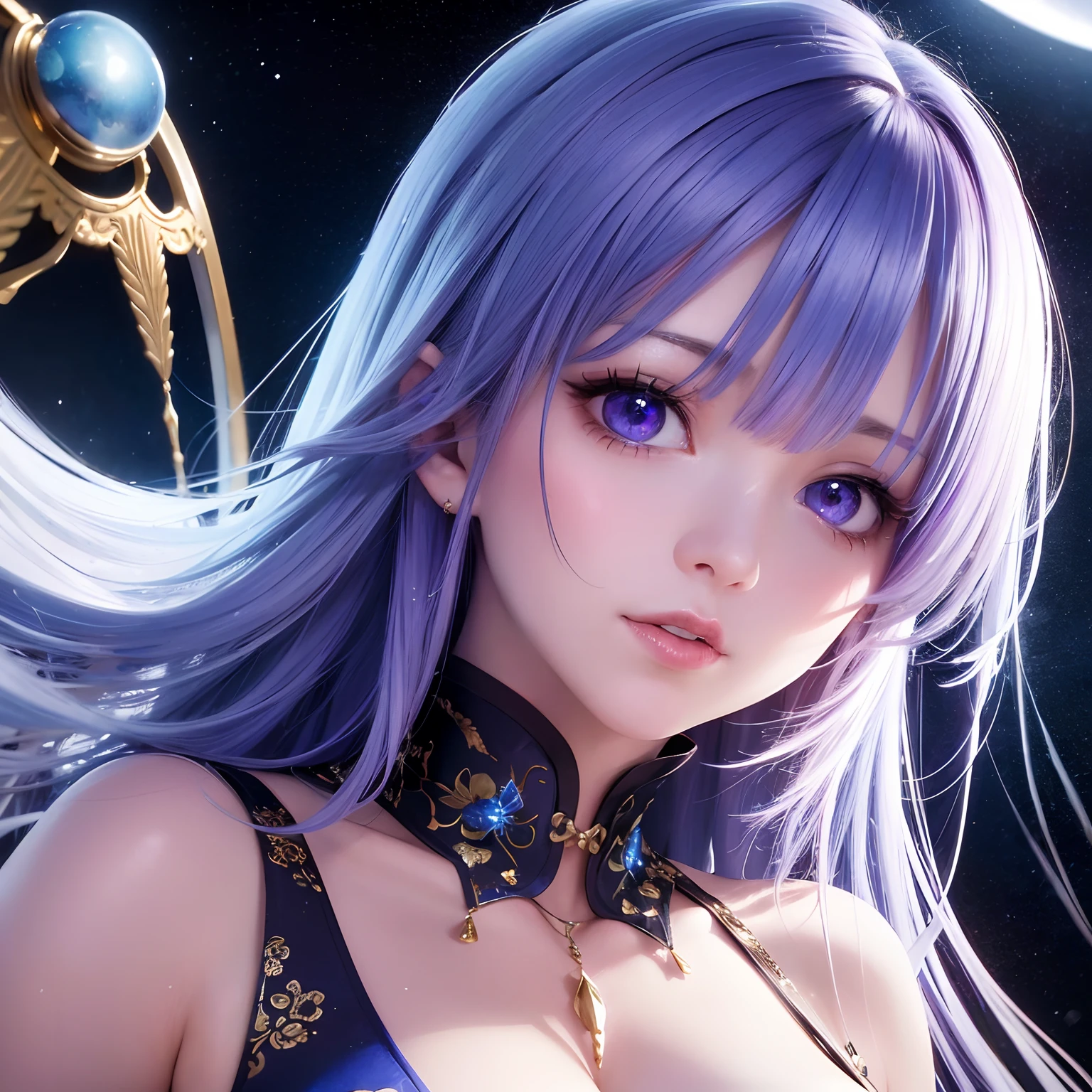 finest image, (8k, RAW photo, realistic), portrait, detailed and delicate depiction and flashy and dynamic painting method, blue violet hair, beautiful woman, sparkling crimson sharp eyes, amorous expression, lewd expression, ecstasy, orgasm, huge breasts, treasured breasts, great proportion, open Japanese kimono, blue violet and white lilies, background big moon, iridescent golden particles