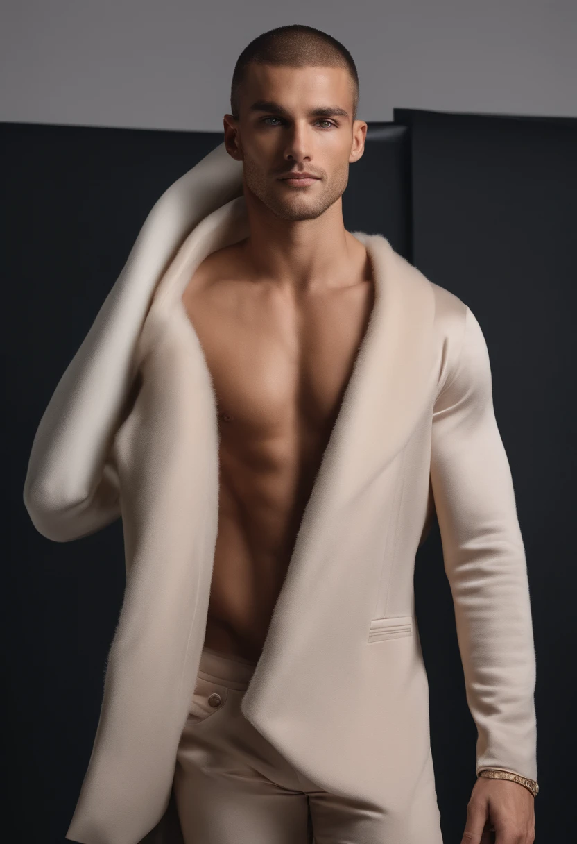 anjEstavaDescription de l’homme à l’apparence imposante: Avant moi, Un homme à la présence magnétique et imposante émerge, Une figure qui attire l’attention instantanément. Ses cheveux gris donnent une touche distincte de maturité à son apparence, tandis qu’une barbiche soigneusement modelée accentue ses traits frappants. Cette combinaison de traits révèle un mélange unique de sagesse et de vigueur. Chaque muscle de votre corps est méticuleusement tonique et défini, Le résultat d’années de dévouement inlassable à l’entraînement physique. Les contours sculpturaux de ses épaules, La poitrine et les bras reflètent sa poursuite incessante de l’excellence athlétique. Votre posture est une extension naturelle de votre force intérieure, Transmettre la confiance et l’autorité. Il porte des pantalons serrés en tricot qui épousent parfaitement les contours de ses muscles., Affichant sa forme athlétique avec fierté. L’absence de chemise révèle une peau bronzée, dans lequel chaque cicatrice et marque raconte une histoire de défis surmontés et d’expériences vécues. Leurs yeux verts sont comme des pierres précieuses chatoyantes, profond et pénétrant, révélant une intensité émotionnelle équilibrée par une sérénité intrinsèque. Ces yeux captent la lumière de l’environnement, reflétant une palette de couleurs qui semble danser dans sa profondeur. La présence de cet homme est une combinaison de force et de subtilité, Une symphonie de fonctionnalités qui captivent et inspirent. Son apparence imposante est complétée par une aura de reconnaissance et de compréhension, inviter les autres à se connecter non seulement avec votre apparence, mais aussi avec l’histoire que ses yeux verts expriment silencieusement.