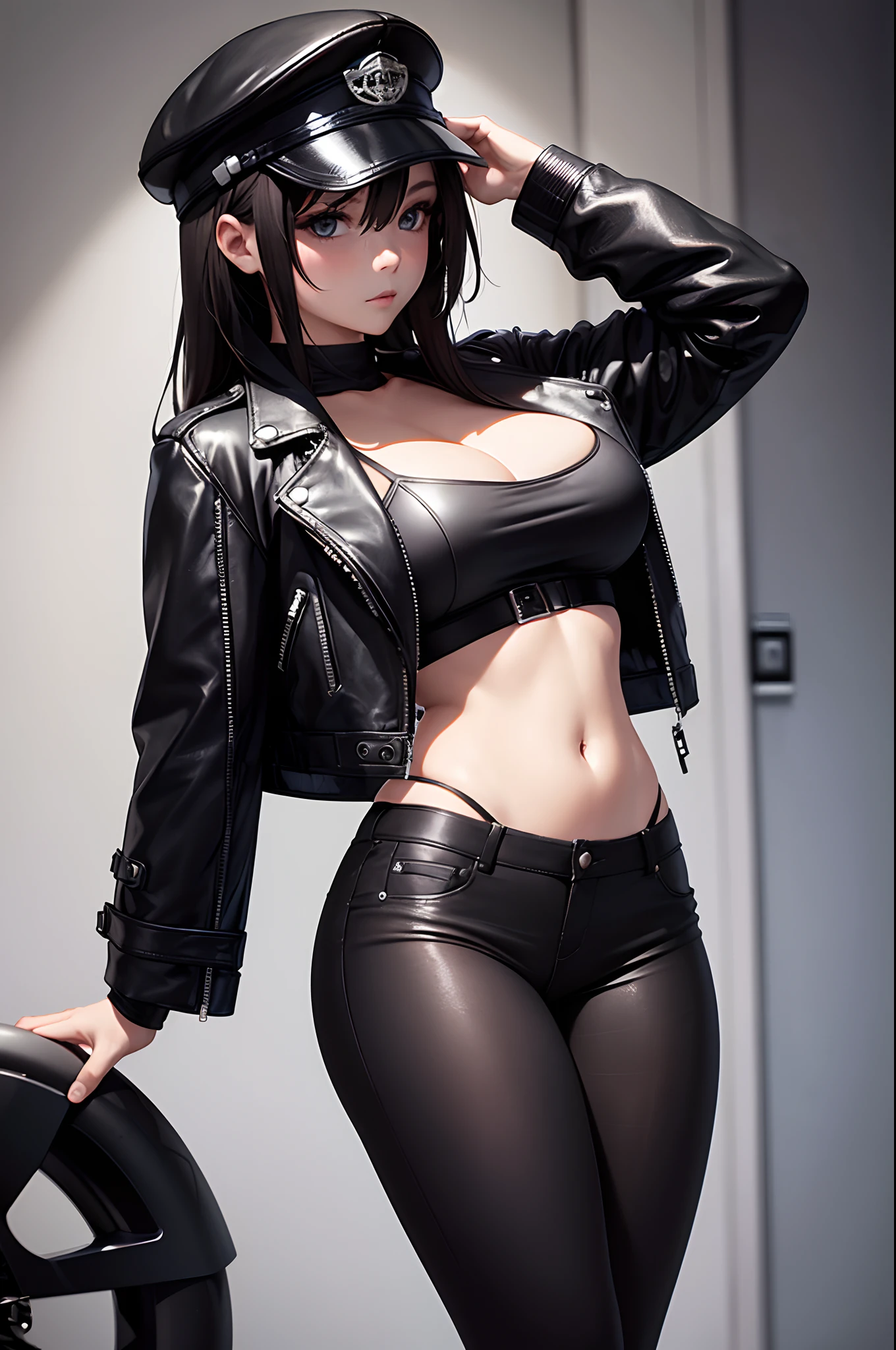 masterpiece,hdr,1 girl,black_clothing,leather_jacket,tube_top,hot_pants,ripped_panty_hose,cap