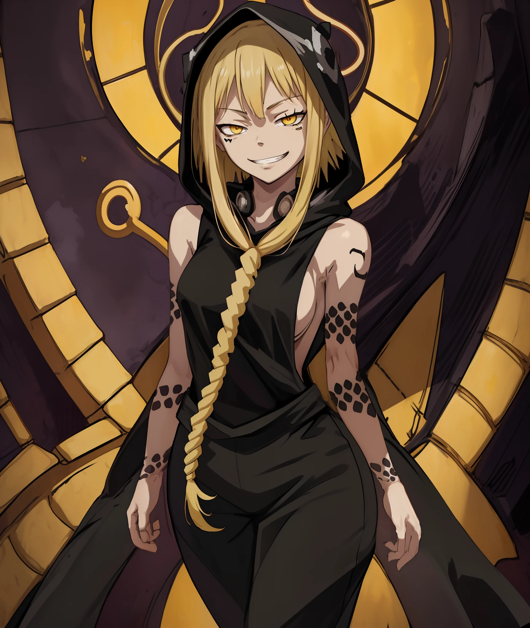 [medusa gorgon], [soul eater], [Uploaded to rule34.xxx; (kingmaster), (shosho_oekaki), (nekololisama)], ((masterpiece)), ((HD)), ((detailed shading)), ((1girl)), ((solo portrait)), ((cowboy shot)), ((front view)), ((full body)), ((cute anime girl)), {(blonde noose hair), (cute yellow eyes), (half-closed eyes), (snake tattoos), (small boobs), (gorgeous wide hips), (thick thighs), (beautiful feet), (smug grin)}, {(black hood), (sleeveless shirt), (detailed side boob), (black jumpsuit)}, {(standing), (looking ahead)}, [background; (cave), (nighttime), (dark lighting), (ambient lighting)]