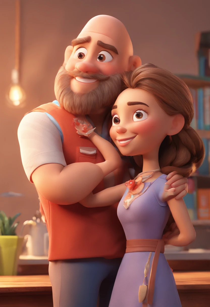 An illustration of an adorable couple, Destacando um homem e uma mulher com beleza, Expressive eyes – the man's hair is bald and brown and he has a full beard, While the woman's hair is tied up in a bun and blonde. They are a bright space, Todos com um sorriso no rosto, e compartilhe um momento especial, That is marked by love, viagem, and pedagogical insights. Ilustre esta cena a partir de uma perspectiva, where they're facing away from the camera, Show Your Connection. Desenvolva esta arte em Full HD, Focus on your cinematic touch, Estilo Disney Pixar Animations