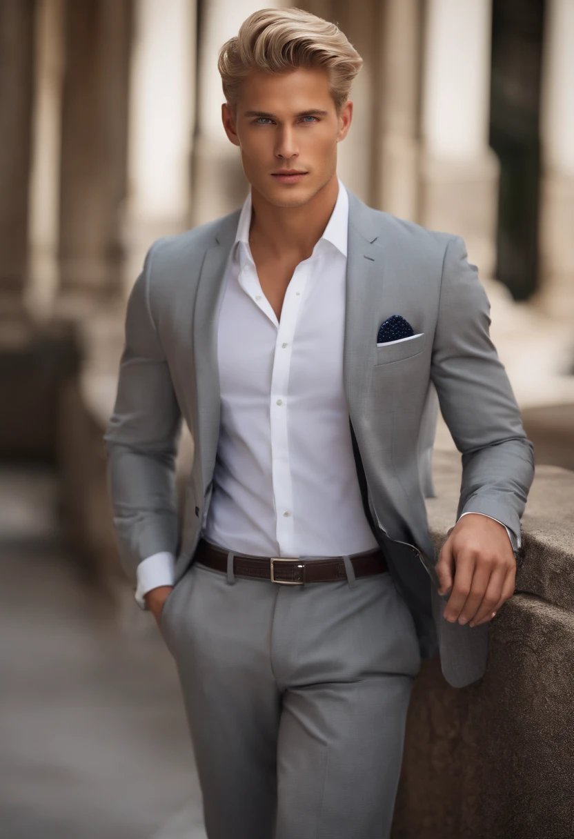 Man in gray suit with white shirt, long short blond hair, and blue eyes, attractive male, handsome male, handsome young man, handsome and attractive, blonde and attractive features, attractive man, attractive young man, bold _ hairstyle, blond man, slim man with light tanned skin, Young man with long length, black shoes, 8k