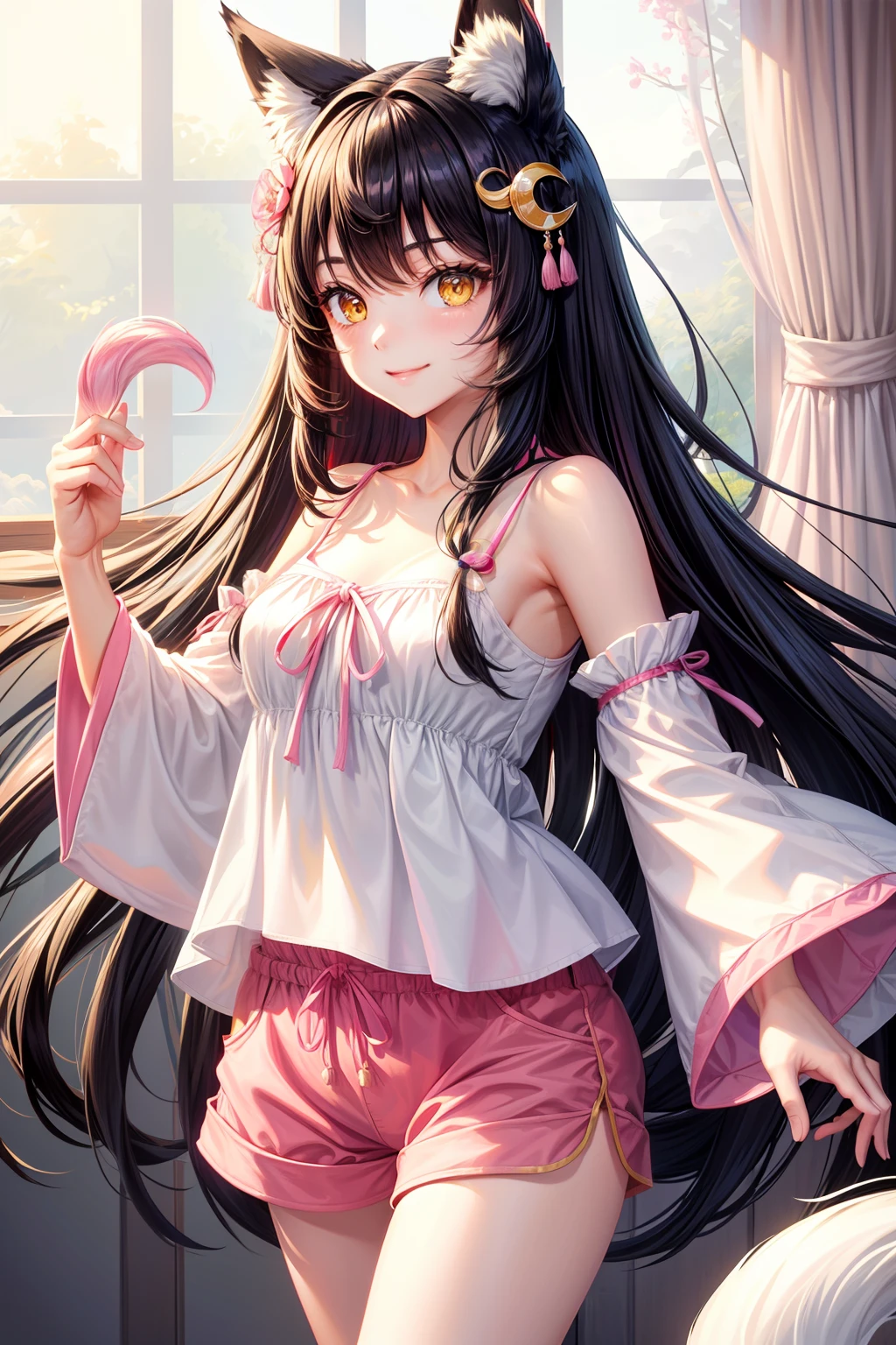 hight resolution, top-quality, ultra-quality, The ultra-detailliert, lighting like a movie、Fox-eared woman、Slender Line、A smile、Black hair long hair、Yellow eyes、Fox tail、(White camisole)、(Pink shorts)、(crescent-shaped hair ornament)、Girl's Japanese-style room、