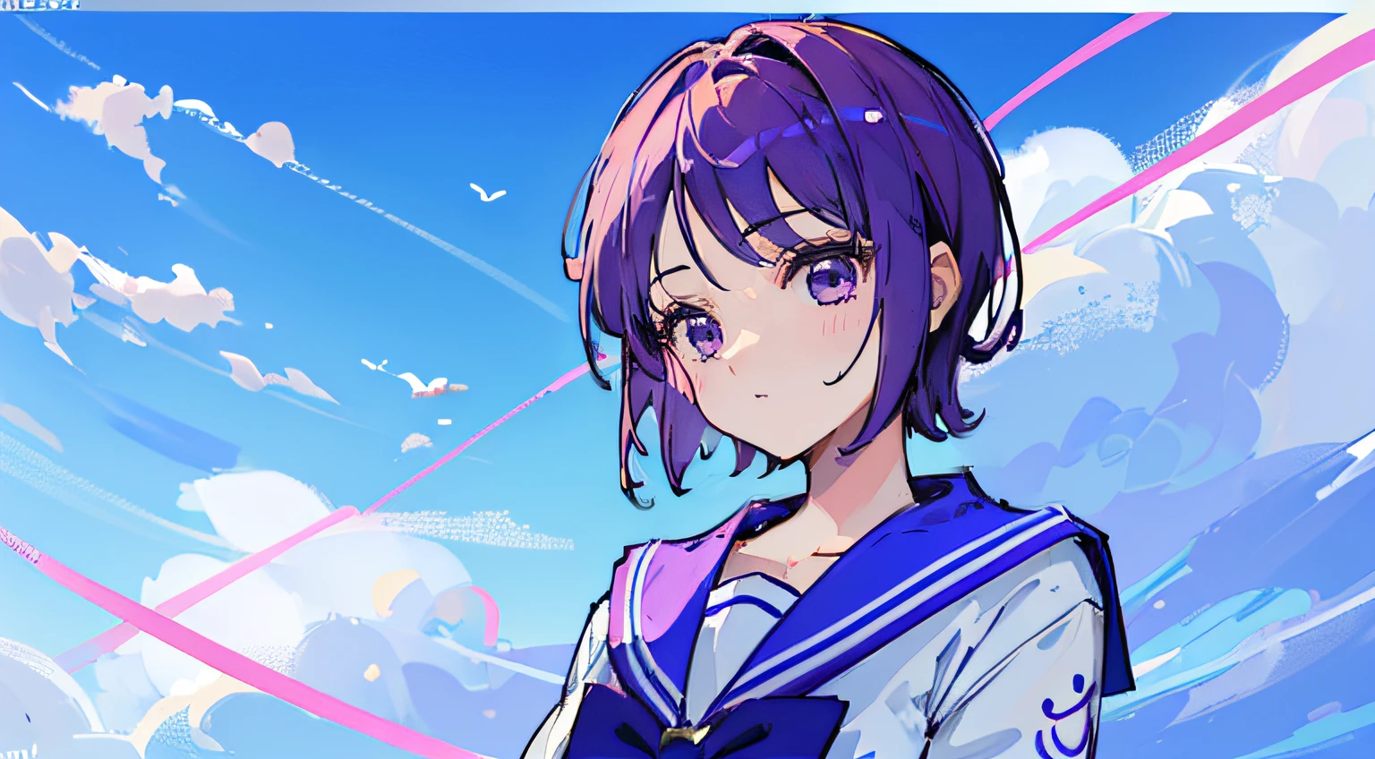 ((tmasterpiece,4k wallpaper,best qualtiy))、((girl with1a person))、(独奏)、Brilliant,(Purple hair)、short-cut、25-years old、Click here for the line of sight、blue-sky、sailor