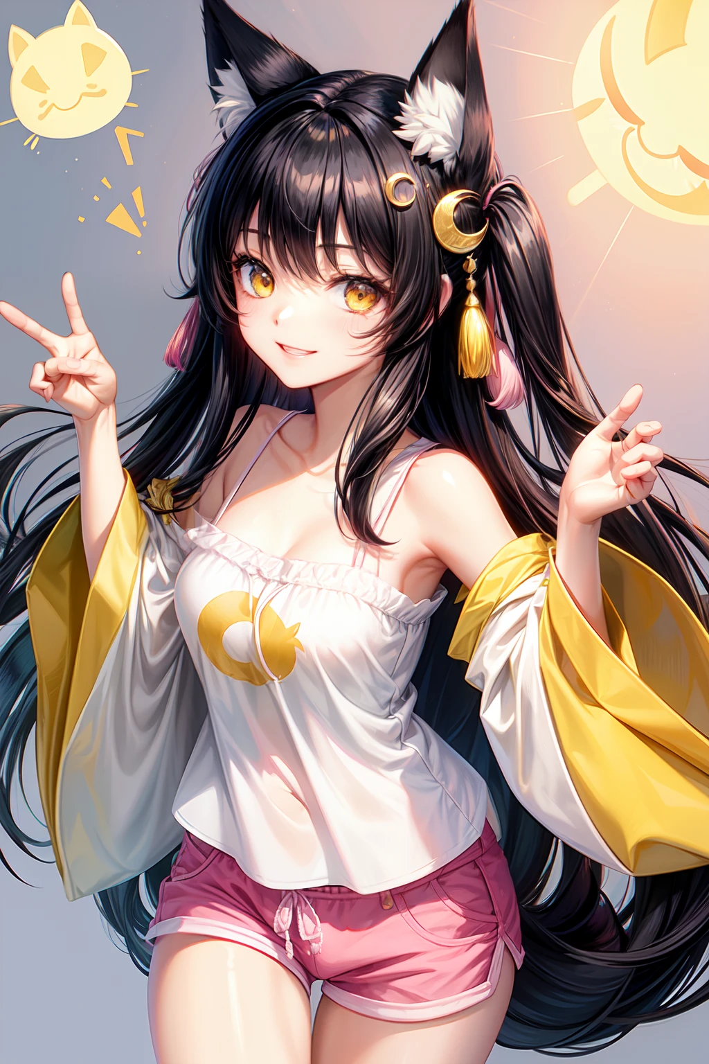 hight resolution, top-quality, ultra-quality, The ultra-detailliert, lighting like a movie、Fox-eared woman、Slender Line、A smile、Black hair long hair、Yellow eyes、Fox tail、(White camisole)、(Pink shorts)、(crescent-shaped hair ornament)、Girl's Japanese-style room、