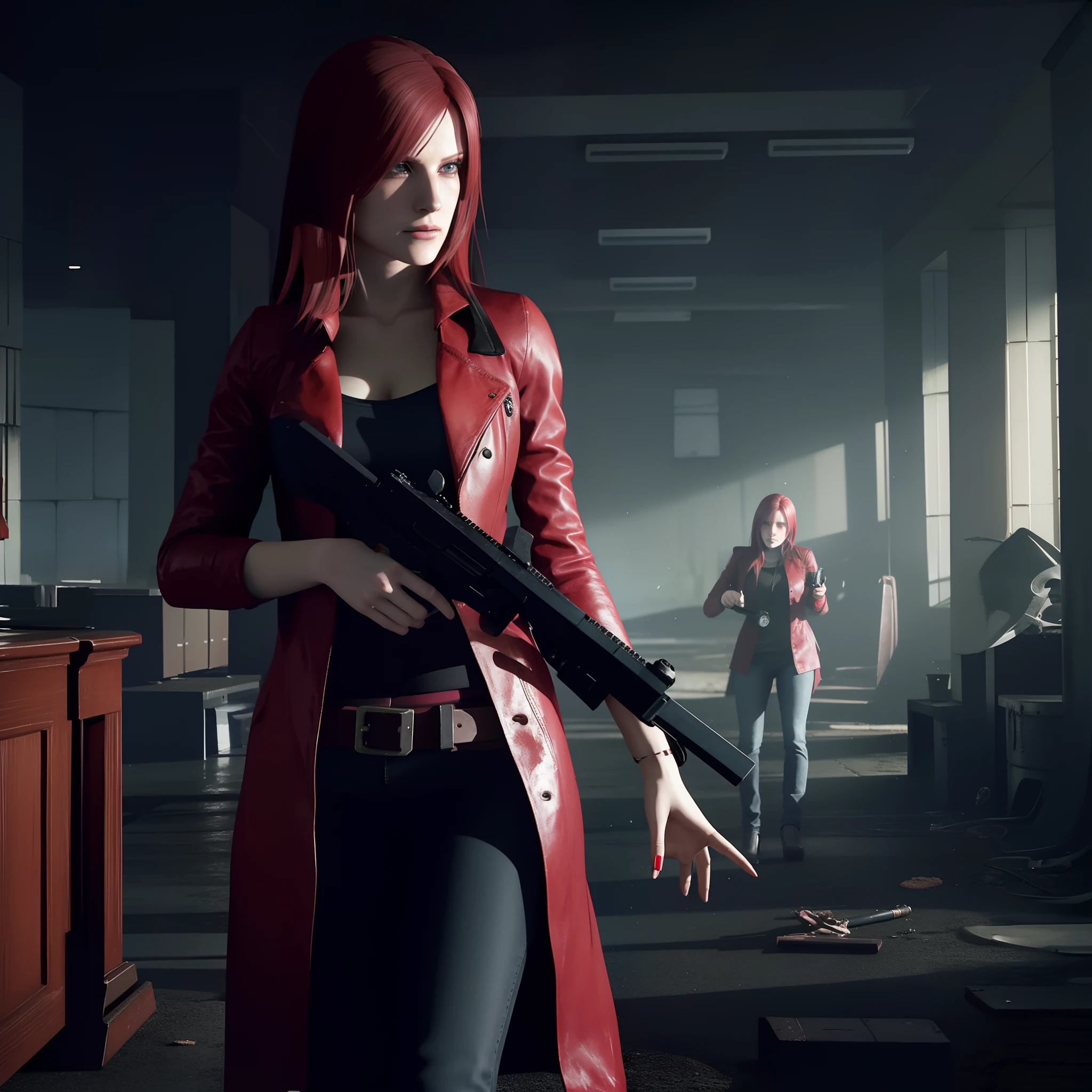 4K,HD, Claire Redfield 40 years old, beautiful face, looking at viewer, very long red hair, perfect Face, black jeans, red long coat with black t-shirt, red nail polish, friendly face, Glare, holding a gun