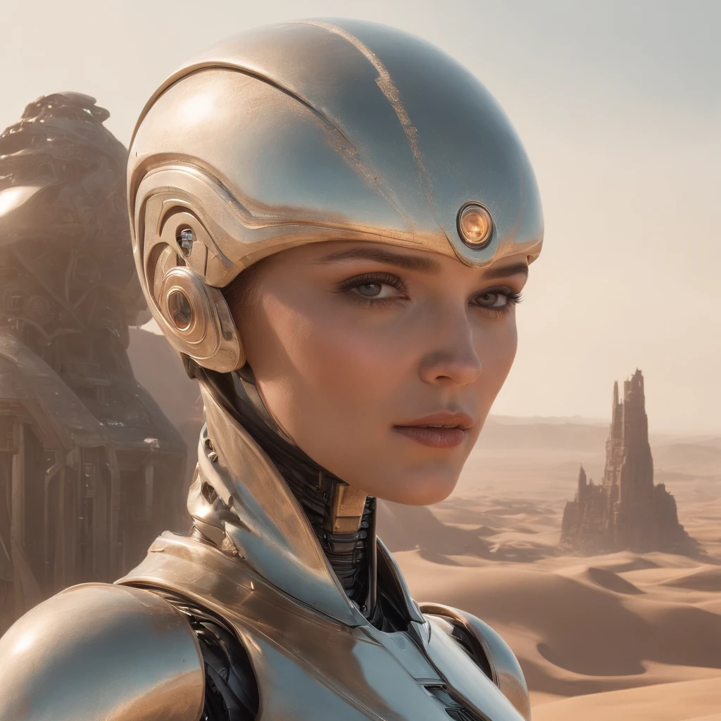 there is a painting of a futuristic city with a giant robot head, jodorowsky's dune, insanely detailed matte painting, peter gric and dan mumford, intricate matte painting, jodorowsky's dune movie, style of john harris, jean giraud 8 k, hyperdetailed matte painting, intricate environments, stunning sci-fi concept art, cgsociety , nude, full body)