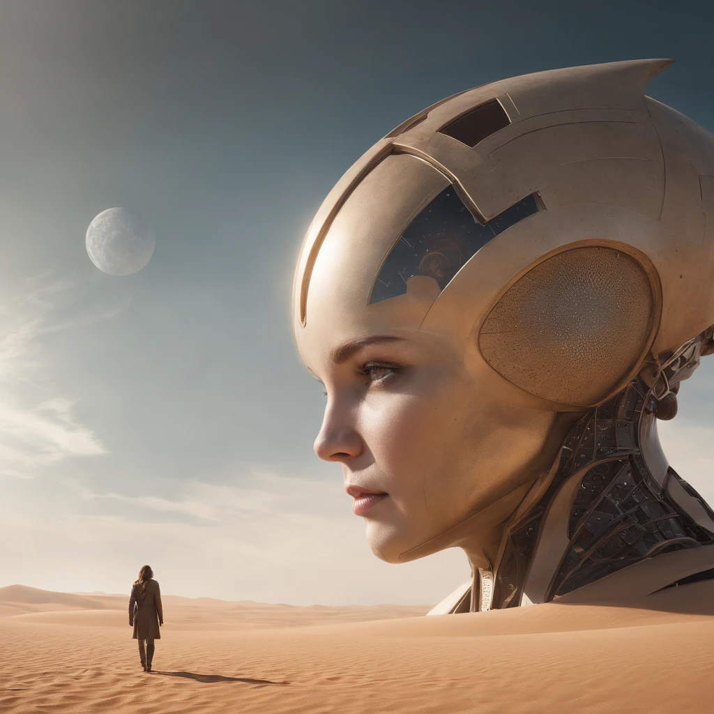 there is a painting of a futuristic city with a giant robot head, jodorowsky's dune, insanely detailed matte painting, peter gric and dan mumford, intricate matte painting, jodorowsky's dune movie, style of john harris, jean giraud 8 k, hyperdetailed matte painting, intricate environments, stunning sci-fi concept art, cgsociety , nude, full body)