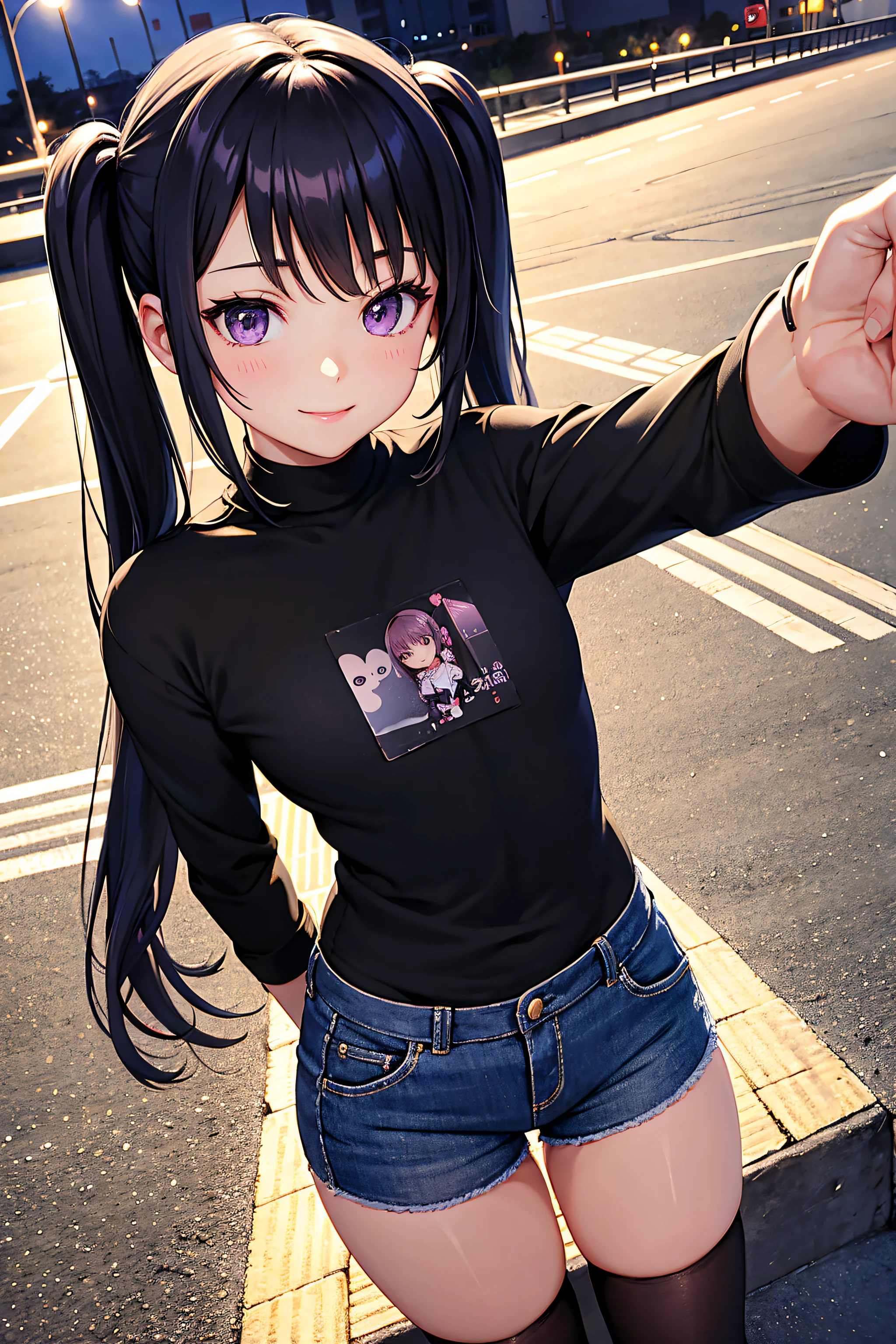 photo ,selfie, Beautiful illustration、masutepiece, top-quality, From above, Night, ((backstreet)), 1 girl,Cute little girl、minigirl, 4th grade elementary school student、make up, Standing, Talking, Seductive smile, Black hair, twintails, Purple eyes, ((Black Hot Pants)),Sexy, tshirts , lovely thighs、glowing thigh, Shiny Skin, Sexy, NSFW,