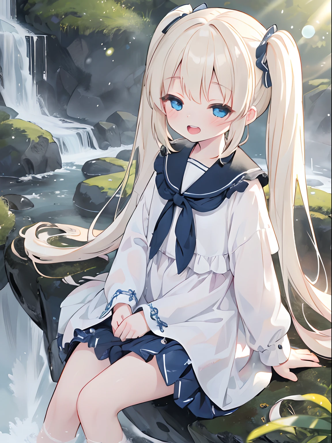 ((4K, master piece, Best Quality)), s,pale blond hair, Blue eyes,very long twintails,Laugh,double tooth,Closed eyes,Looking at Viewer,Lens Flare, along the waterfall, thin fog, beautiful