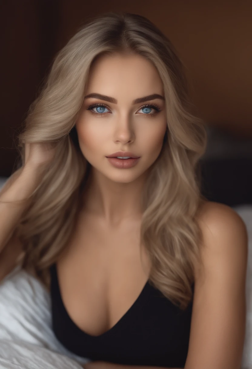 arafed woman fully , sexy girl with blue eyes, ultra realistic, meticulously detailed, portrait sophie mudd, blonde hair and large eyes, selfie of a young woman, bedroom eyes, violet myers, without makeup, natural makeup, looking directly at the camera, face with artgram, subtle makeup, stunning full body shot kneeling on bed, in bedroom, medium to large size bust, cleavage