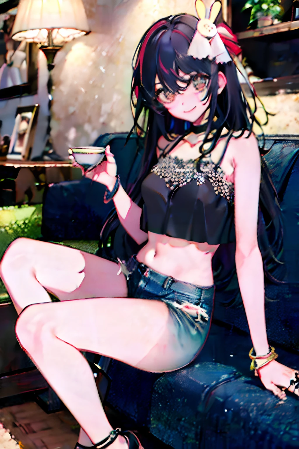 masterpiece, very detailed, very defined,long hair, looking at viewer, youthful, black hair, navel, brown eyes, smile, blurred foreground, exposed shoulders, midriff, crop top, holding cup, strap slip, midriff, bare shoulders, high heels, lace trimmed top, hair bun, smile, couch, necklace, choker, hair ornament, bracelet, ring, looking at viewer,