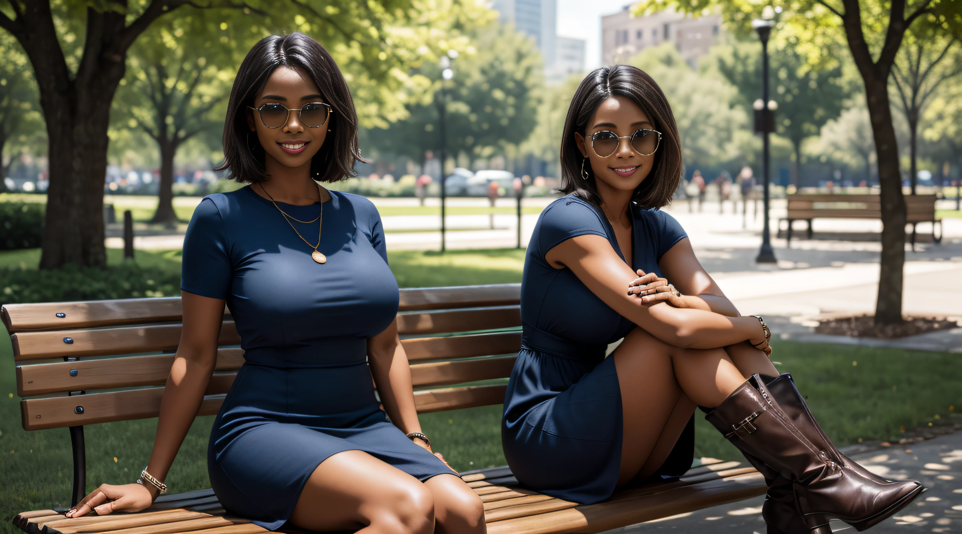 {Please make sure there are no other people in the image}, (masterpiece:1.2), (best quality:1.2), ((one woman only)), ((full body image)),very huge breasts, dark skin, black woman, brown hair, short straight hair, Happy smile, realistic and detailed hands, realistic and detailed face, realistic and detailed tooth, realistic and detailed foots, realistic and detailed face, extremely muscular, aviator sunglasses, park background, yellow and blue normal dress, leather short boots, sitting on a park bench with arms crossed.