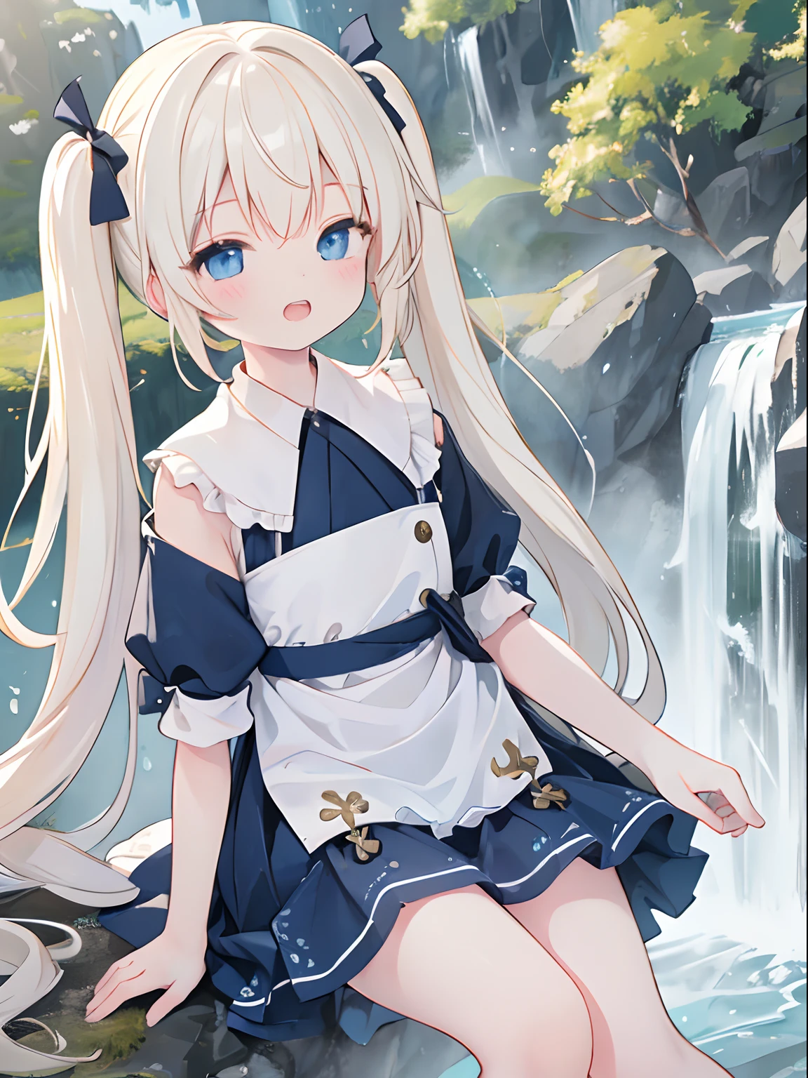 ((4K, master piece, Best Quality)), Cute little girl s,pale blond hair, Blue eyes,very long twintails,Laugh,double tooth,Closed eyes,Looking at Viewer,Lens Flare, along the waterfall, thin fog, beautiful