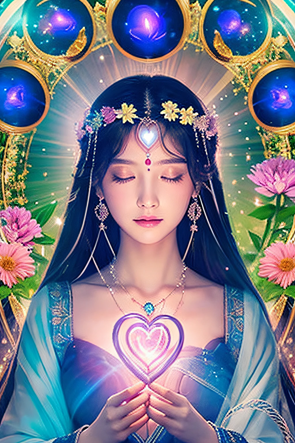 Goddess with a heart、Wearing an aura、Facing the front、Has an aura、Surrounded by flowers