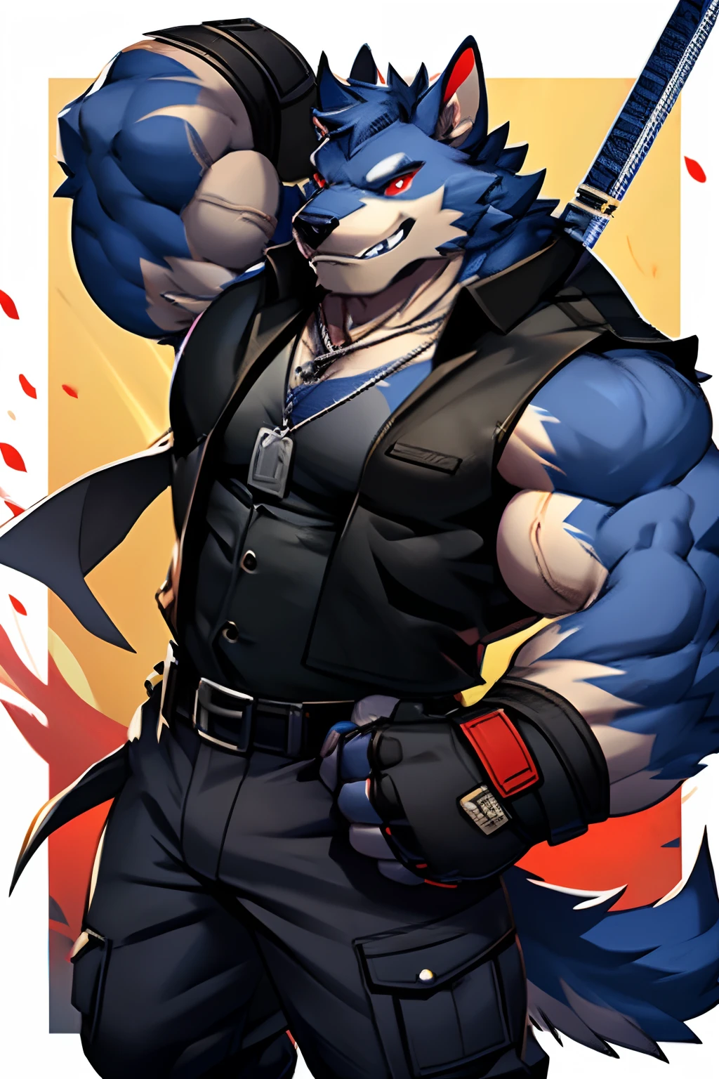 Masterpiece, Cool Pose, Anthropomorphic Buffalo Muscular Furry, With Visible Veins In The Muscle, Red Eyes, Wearing Black Vest, Combat Gloves, Combat Pants, Dog Tag, Fierce, Good looking, Grin.