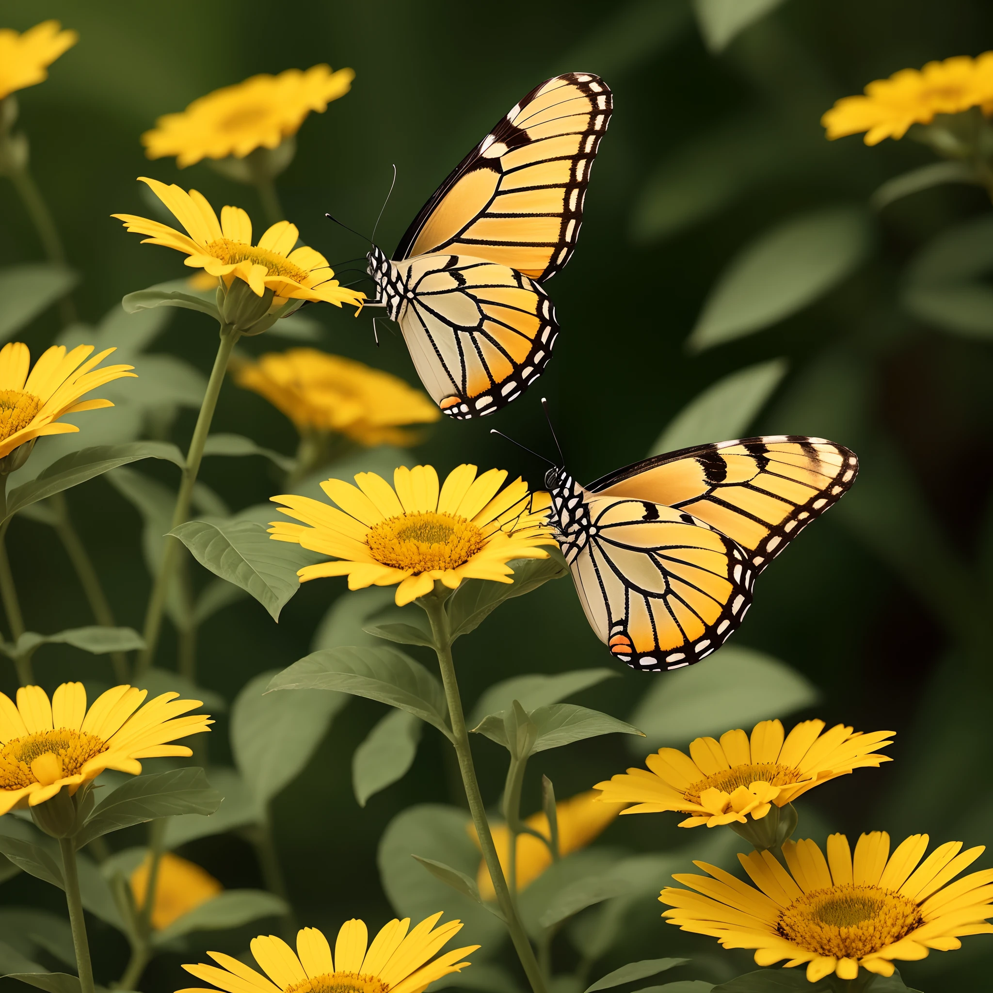 Using state-of-the-art artificial intelligence, create a high-quality image with advanced levels of detailed photographic style, measuring 3456x2304 pixels. The image should feature a close-up of a butterflies perched on a flower in a field surrounded by wild vegetation. The photo's characteristics should represent the quality of a 75-300mm f3.5 lens --auto