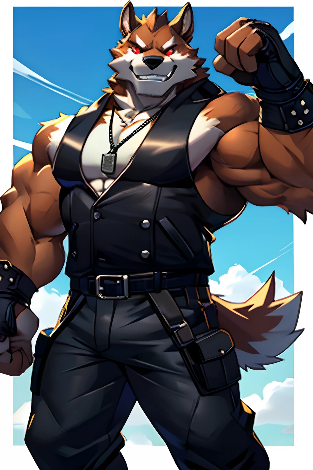 Masterpiece, Cool Pose, Anthropomorphic Buffalo Muscular Furry, With Visible Veins In The Muscle, Red Eyes, Wearing Black Vest, Combat Gloves, Combat Pants, Dog Tag, Fierce, Good looking, Grin.