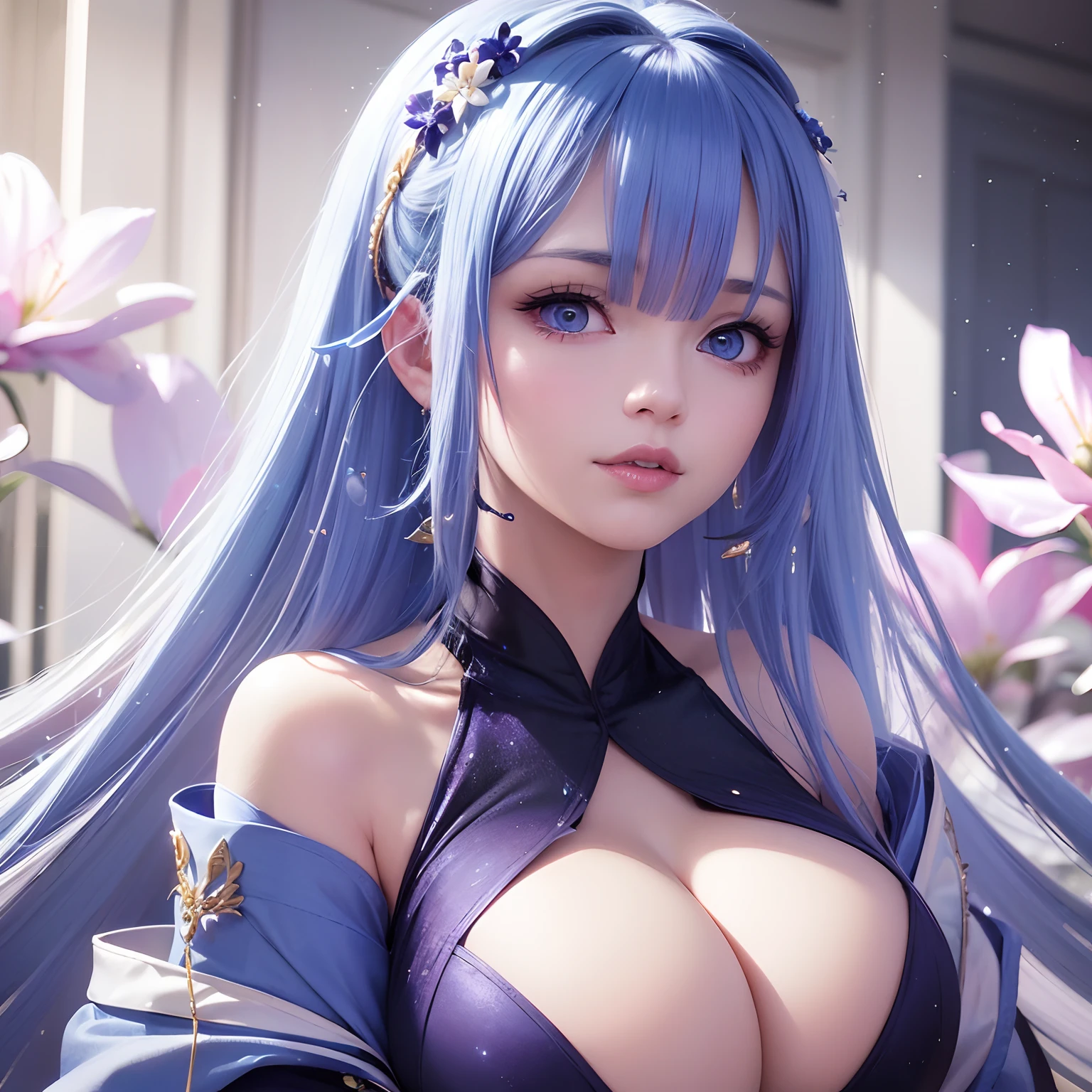 finest image, (8k, RAW photo, realistic), portrait, detailed and delicate depiction and flashy and dynamic painting method, blue violet hair, beautiful woman, sparkling crimson red sharp eyes, amorous expression, lewd expression, ecstasy, orgasm, huge breasts, treasured breasts, great proportion, open Japanese kimono, blue violet and white lilies, background big moon, iridescent golden particles