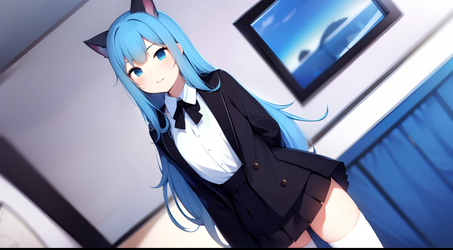 1girll,，inside in room，Detailed，High picture quality，Good quality，high qulity，black black jacket，White color blouse，a black skirt，Black stockings，blue long hair，Good body，inside in room，catss，Background with，Rich scenes，The background of the details，eventide，blue colored eyes