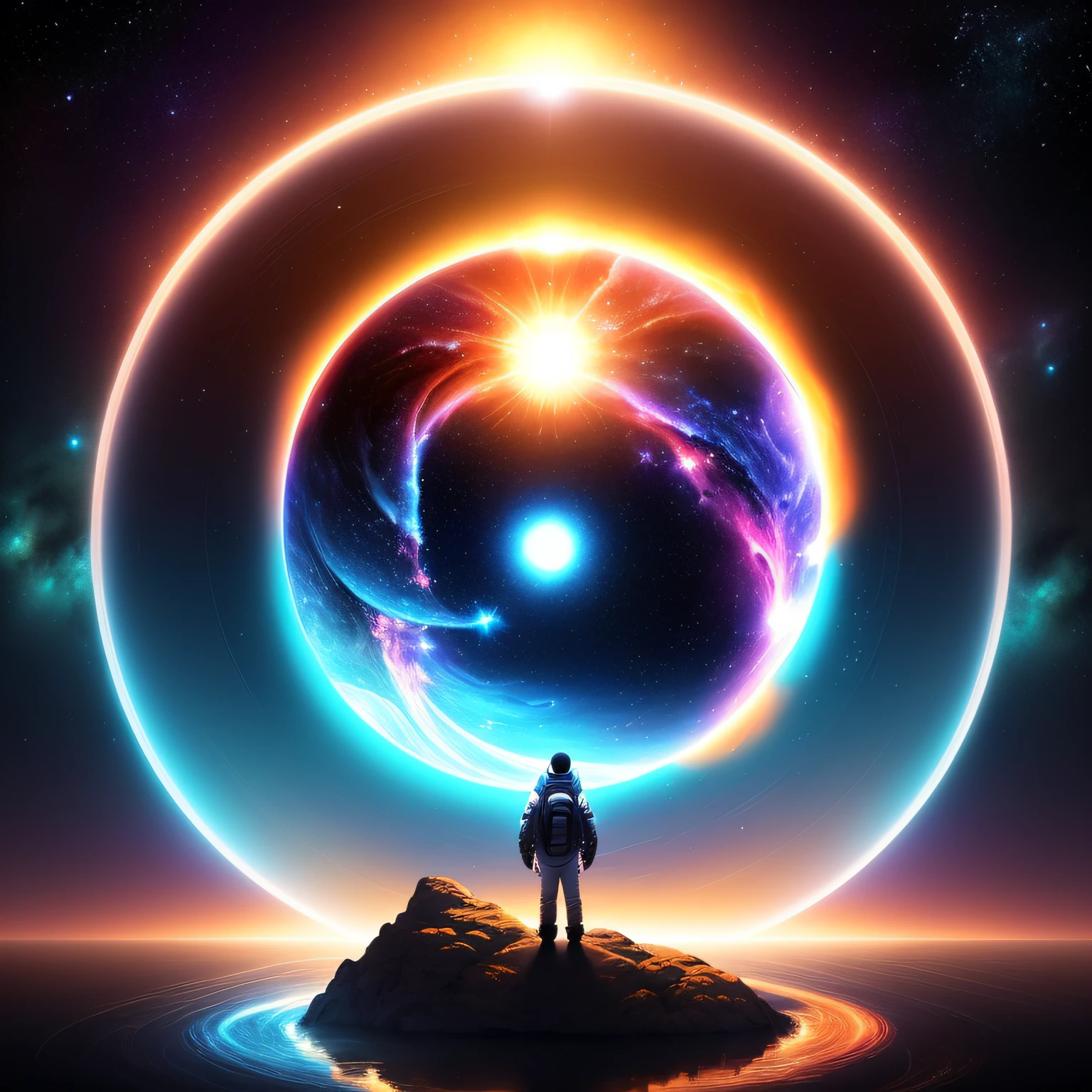 Person, Stand in front of a space portal overlooking the sun, portal to another universe, inspired by Cyril Rolando, Portal to another dimension, A WORLD, Only visible from the portal, high quality fantasy stock photo, Portal to another world, portal to outer space, in style of cyril rolando, A peek into space, universe, Magic Galaxy Portal, The Cycle of the Stars, placid、doa