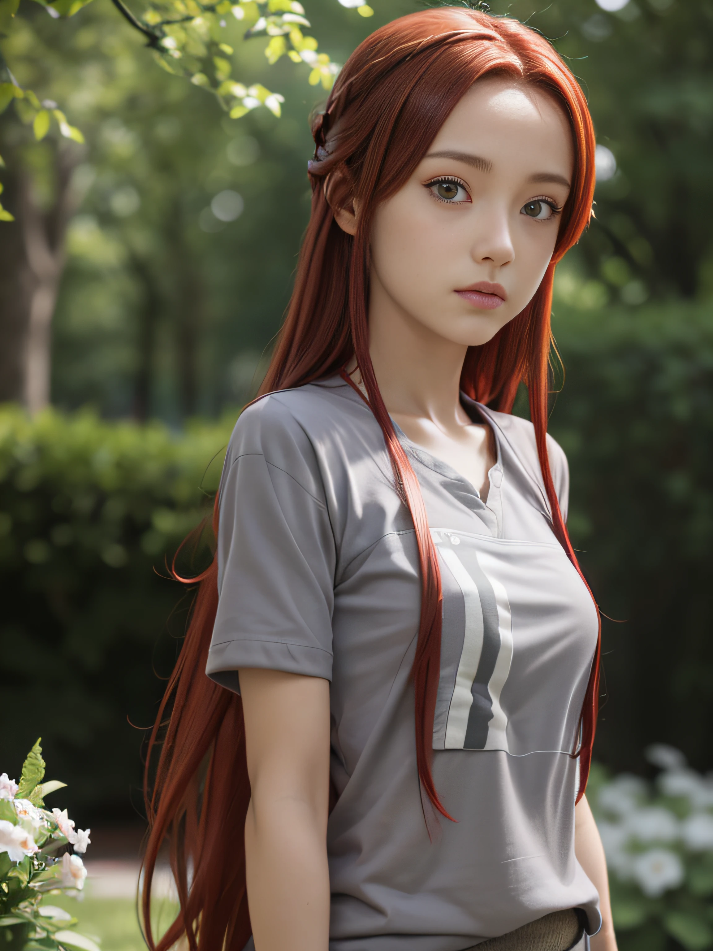 masterpiece, best quality, (realistic, photo-realistic:1.4), (RAW photo:1.2), extremely detailed CG unity 8k wallpaper, delicate and beautiful, amazing, finely detail, official art, absurdres, incredibly absurdres, huge filesize, ultra-detailed, extremely detailed, extremely detailed girl, extremely detailed eyes and face, light on face,little smile,Tiese_Shtolienen,(red hair:1.3),long hair,(grey t-shirt:1.5),garden,close up,(teen girl:1.7)