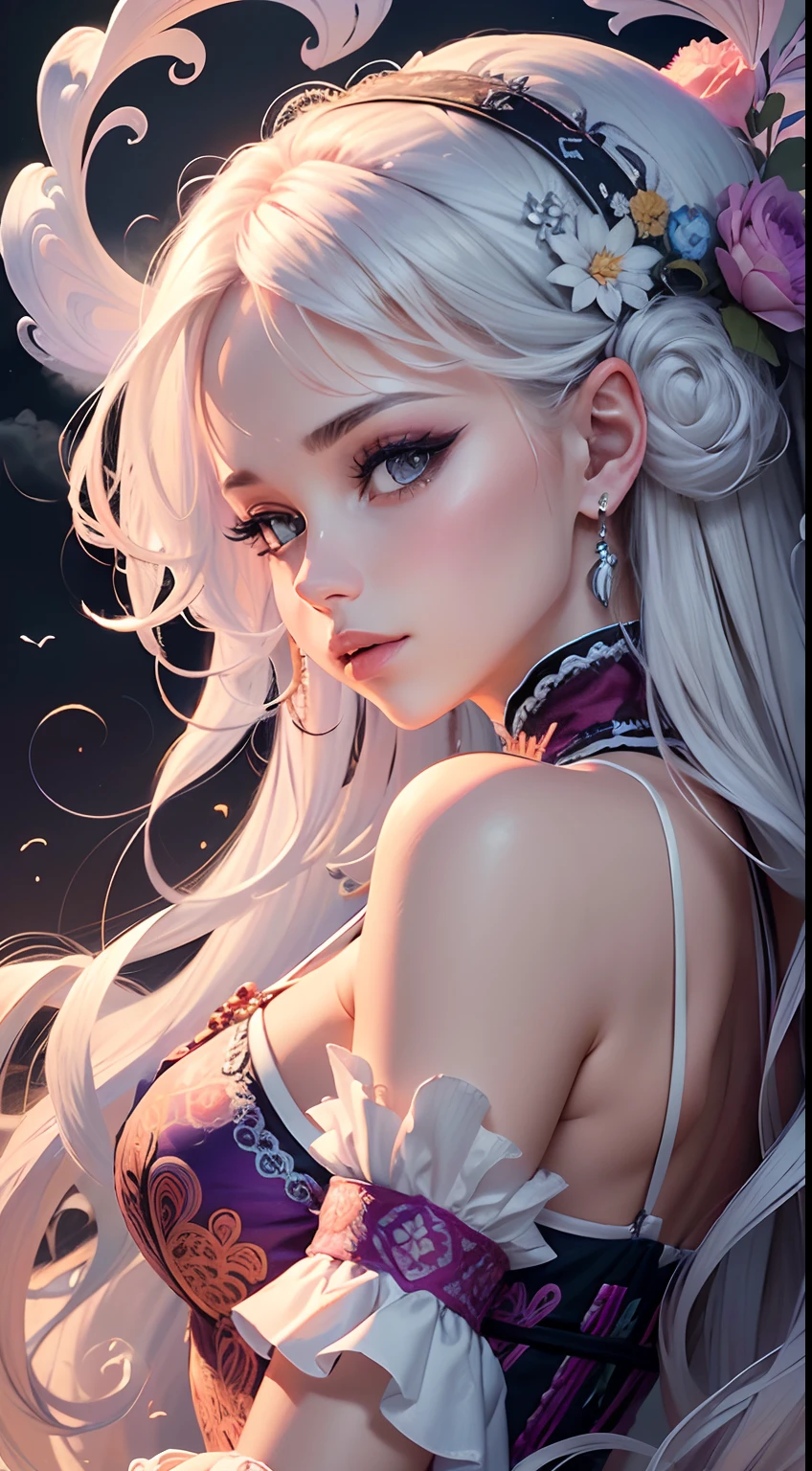 masterpiece, best quality, 1girl, (colorful),(finely detailed beautiful eyes and detailed face),cinematic lighting,bust shot,extremely detailed CG unity 8k wallpaper,white hair,solo,smile,intricate skirt,((flying petal)),(Flowery meadow) sky, cloudy_sky, building, moonlight, moon, night, (dark theme:1.3), light, fantasy,,fantasy, high contrast, ink strokes, explosions, over exposure, purple and red tone impression , abstract, ((watercolor painting by John Berkey and Jeremy Mann )) brush strokes, negative space,