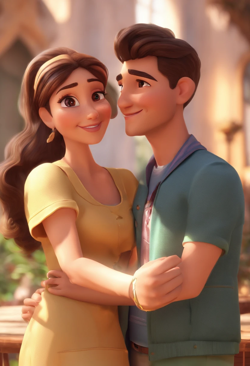 An illustration of an adorable couple, Destaque para um homem sorridente de olhos verdes e uma mulher  com lindos olhos expressivos -, while the woman's skin is black and the woman's hair is straight and brown. They are a bright room, cada um com um sorriso no rosto, e compartilhar um momento especial caracterizado pelo amor, Insights. Illustrate this scene from a perspective where they are facing the camera, Smiling and Showing Your Connection. Desenvolva esta arte em Full HD, Focus on your cinematic touch, Estilo Disney Pixar Animations