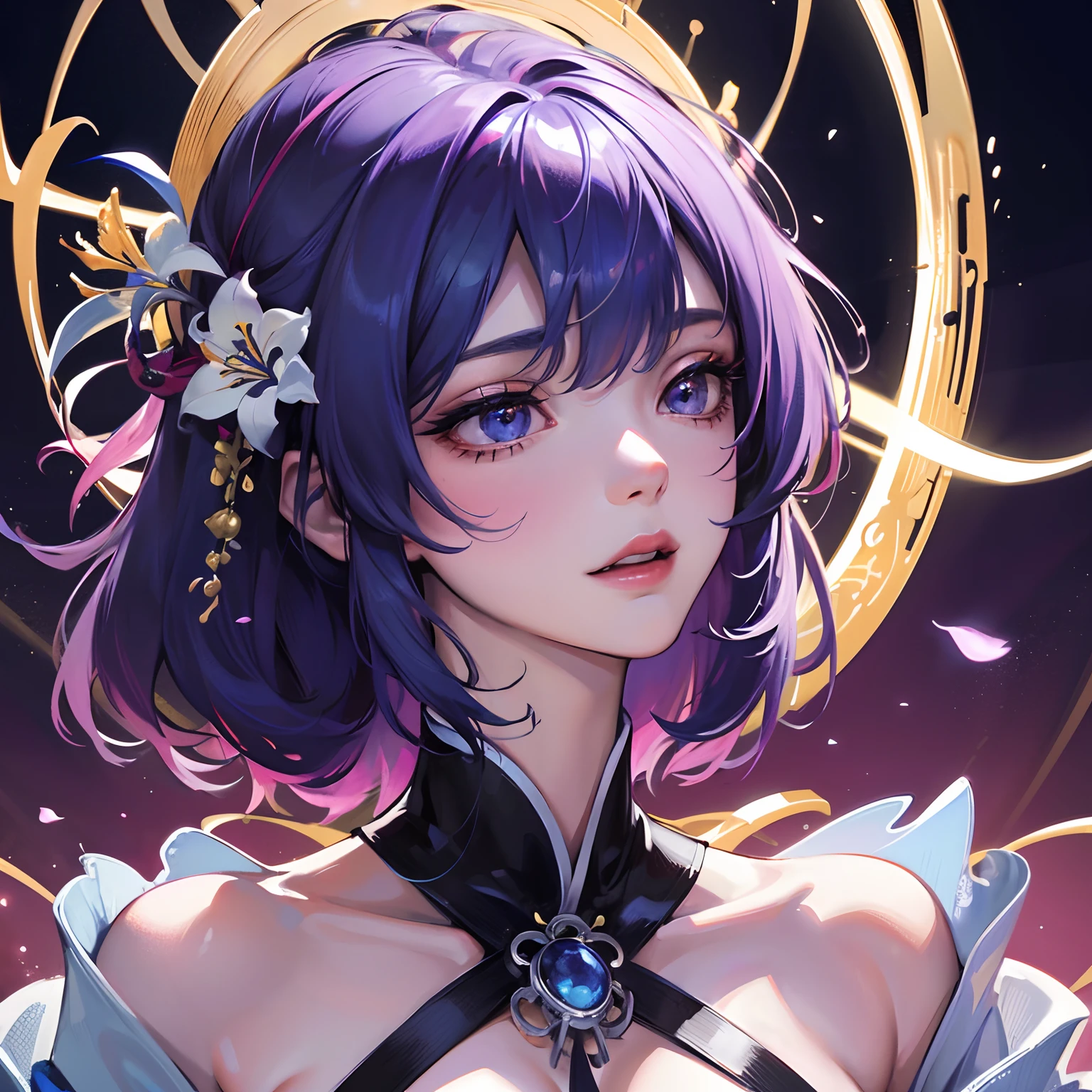 finest image, (8k, RAW photo, realistic), portrait, detailed and delicate depiction and flashy and dynamic painting method, blue violet hair, beautiful woman, sparkling crimson red sharp eyes, amorous expression, lewd expression, ecstasy, orgasm, huge breasts, treasured breasts, great proportion, open Japanese kimono, blue violet and white lilies, background big moon, iridescent golden particles