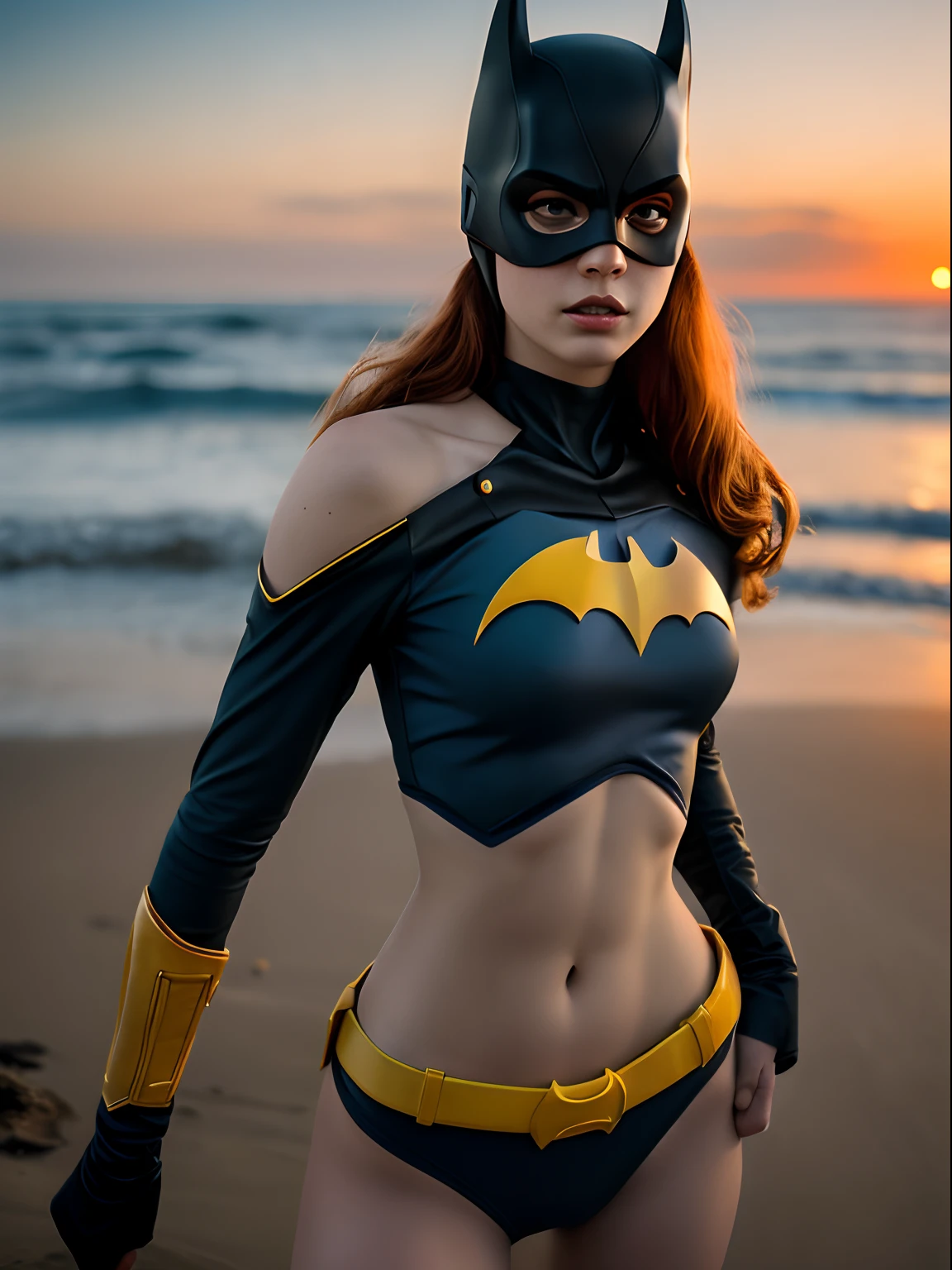 1girl in, 19, Solo, Aesthetic artwork, irish redhead, wavy ginger hair, shoulder length ginger hair, light grey eyes, some small freckles, pale skin, A-cup, small breasts, runners body, (textured skin, skin pores:1.1), (moles:0.8), imperfect skin, goosebumps, wearing Batgirl costume, DC costume batgirl bikini, evening ocean sunset background, blury background, (action shot, crawling, 1.25), (extremely detailed 8k wallpaper), (hard lighting), high quality, film grain, Fujifilm XT3 sharp focus, f 5.6, 50mm, High Detail, Sharp focus, (natural light), crazy details, complex details, hyperdetailed