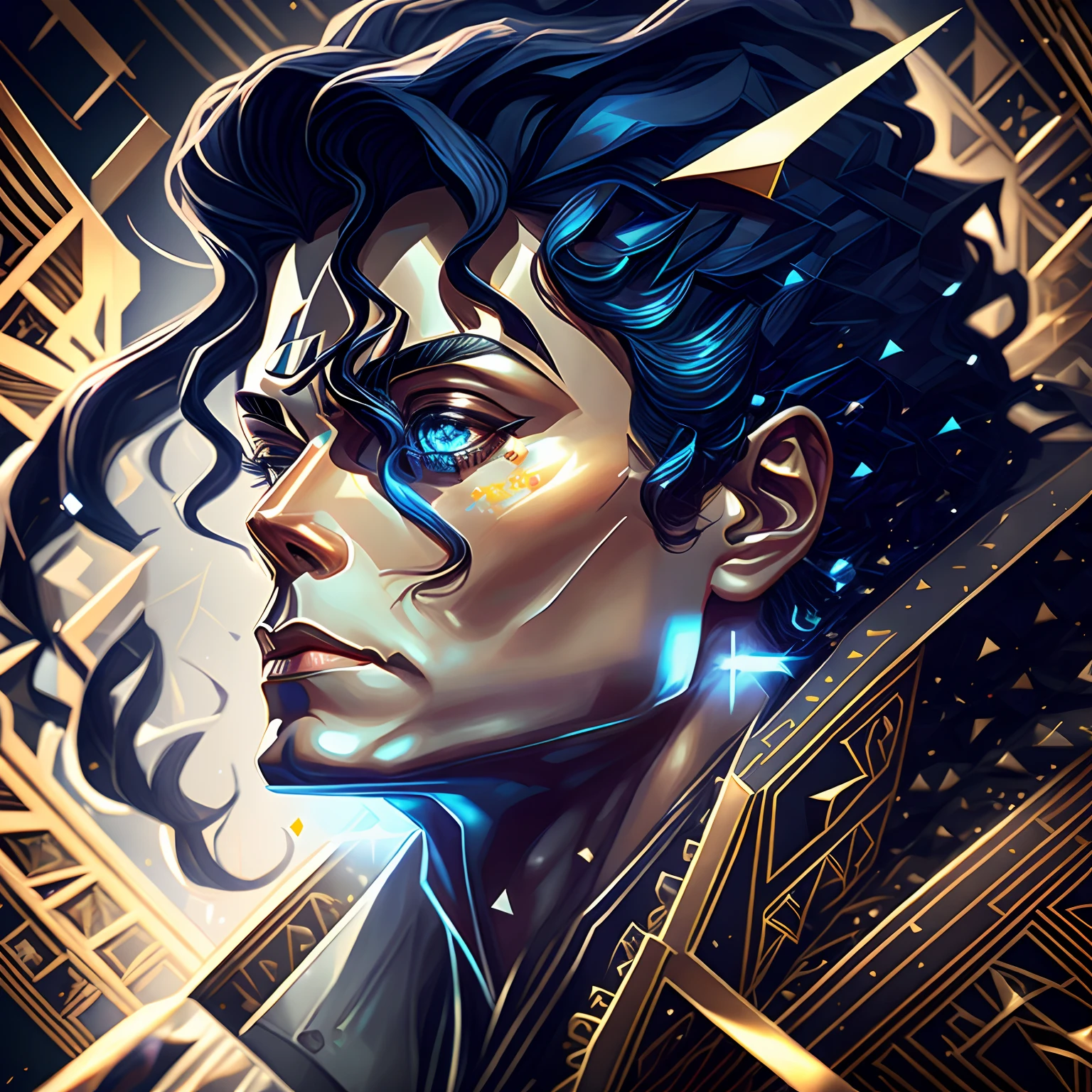 [ Amazing | astounding | delicated ] 
Portrait of Michael Jackson
Geometric background，sci-fy；
In the middle of the composition
，[ Colorful | A vibrant ] HDR masterpiece （Awesome （ CCDDA art style） ） Tone mapping with ACES
，（ [ clear and readable | Neatness ] tangent ） full of negative space
，Delicate symmetry（well-proportionate anatomy）
，delicated（solid drawing）Volume enhanced with detailed shadows and highlights（ssee-through（Depth-of-fie））