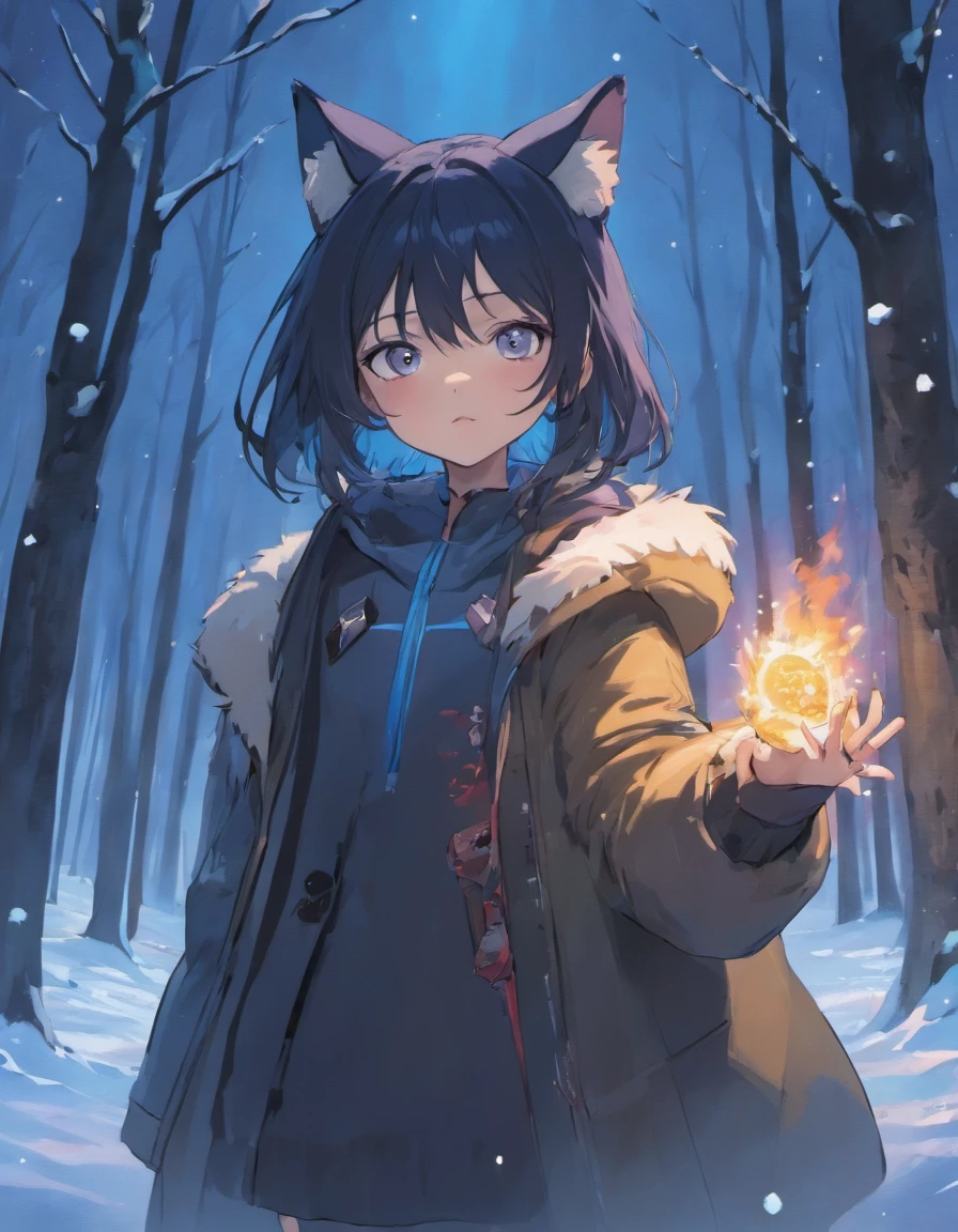 (masutepiece, Best Quality, Ultra-high resolution),1girl in,Black hair, Fox ears,coat, snowy forest , Night,(Colored skin, Blue skin),beautiful and detailed face, Detailed eyes,((Blue and gray theme))