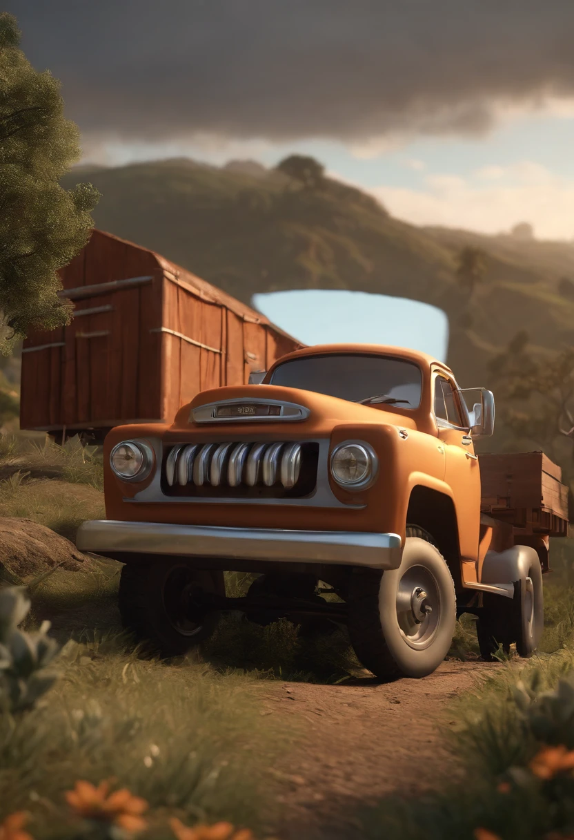 Personagem de desenho animado de um homem de cabelos grisalhos, olhos azuis grandes, sorrindo, uma camisa preta de mangas cor laranja, um personagem animado, Landscape in the background with a truck. Caractere estilizado, animation style rendering, 3D estilizado, Arnold Maya render, 3 d render stylized, toon render keyshot, Personagem 3D, Personagem 3D, 3d rendering stylized, 3 d character render, personagem de desenho animado, Personagem de close up, Pose de personagem, (Estilo Pixar) (master part:1.2) (Bokeh) (best quality) (pele detalhada) (textura detalhada) (8k) (argila) (Cinematic lighting) (foco nítido,Senta e vaza a parte superior do corpo