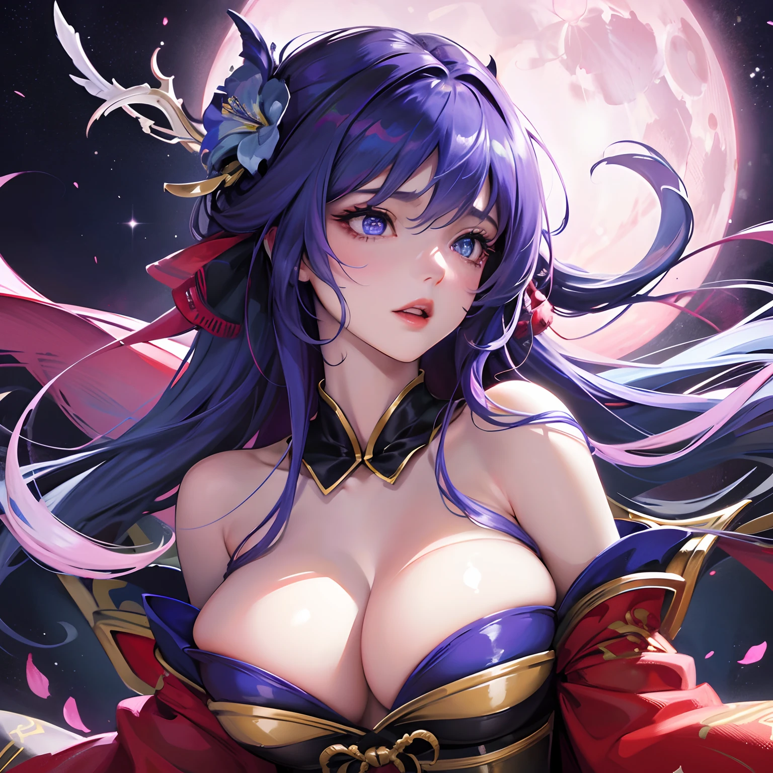 finest image, (8k, RAW photo, realistic), portrait, detailed and delicate depiction and flashy and dynamic painting method, blue violet hair, beautiful woman, sparkling crimson red sharp eyes, amorous expression, lewd expression, ecstasy, orgasm, huge breasts, treasured breasts, great proportion, open Japanese kimono, blue violet and white lilies, background big moon, iridescent golden particles
