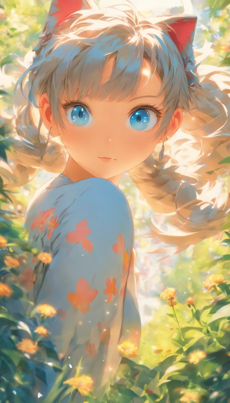 original, (masterpiece), (illustration), (extremely fine and beautiful), perfect detailed, photorealistic, (beautiful and clear background:1.25), (depth of field:0.7), (1 cute girl with (cat ear and cat tail:1.2) stands in the garden:1.1), (cute:1.35), (detailed beautiful eyes:1.3), (beautiful face:1.3), casual, silver hair, silver ear, (blue hair:0.8), (blue ear:0.8), long hair, coat, short skirt, hair blowing with the wind, (blue eye:1.2), flowers, ( girl:0.65), butterflys flying around