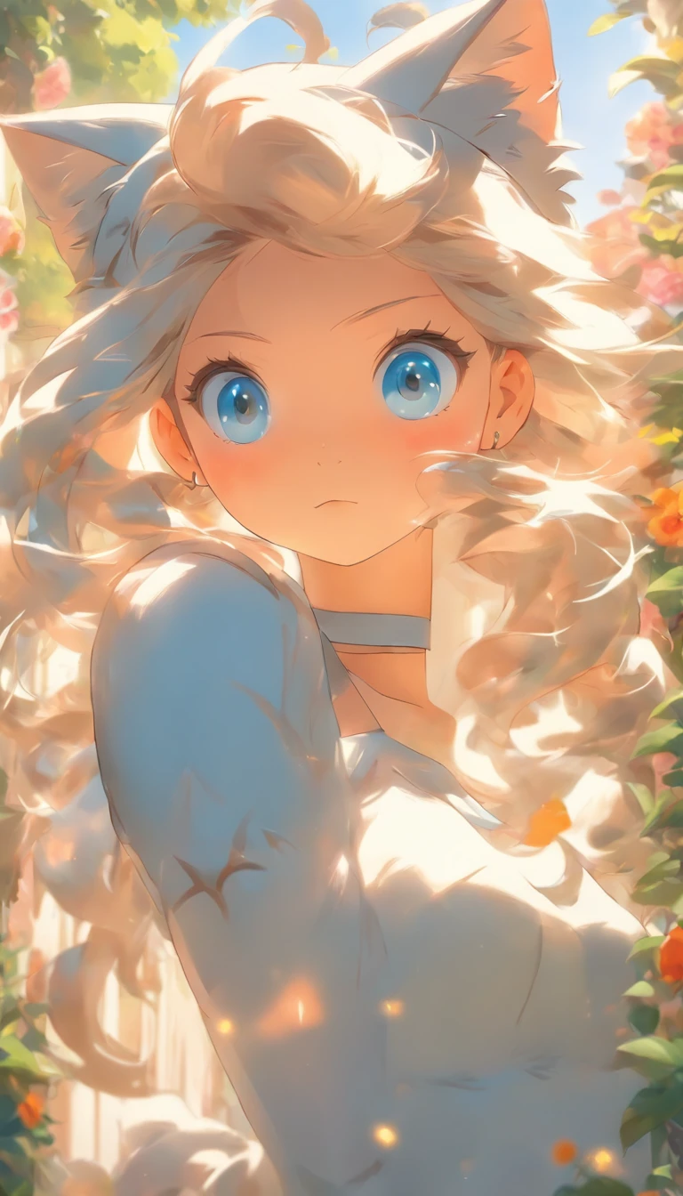 original, (masterpiece), (illustration), (extremely fine and beautiful), perfect detailed, photorealistic, (beautiful and clear background:1.25), (depth of field:0.7), (1 cute girl with (cat ear and cat tail:1.2) stands in the garden:1.1), (cute:1.35), (detailed beautiful eyes:1.3), (beautiful face:1.3), casual, silver hair, silver ear, (blue hair:0.8), (blue ear:0.8), long hair, coat, short skirt, hair blowing with the wind, (blue eye:1.2), flowers, (little girl:0.65), butterflys flying around