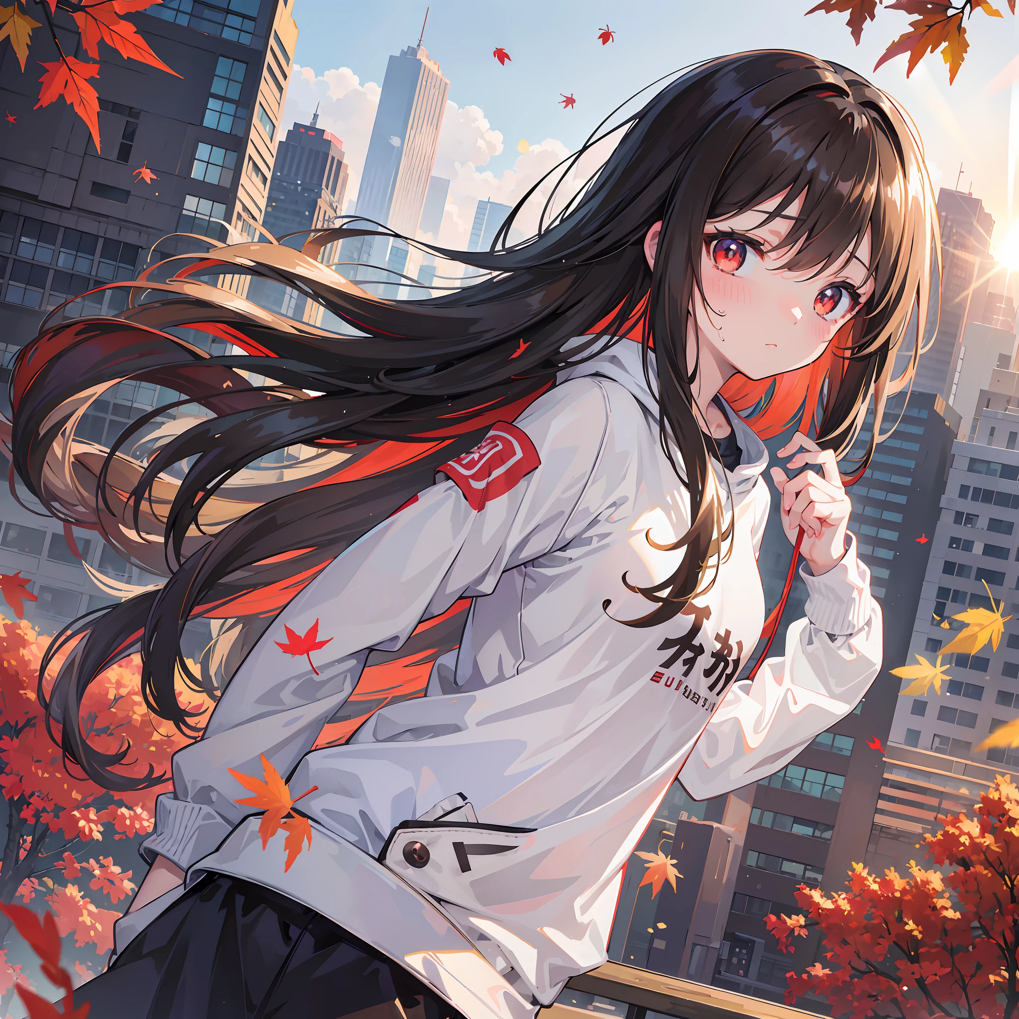 mastepiece, profesional artwork, sharp image, best quality, high quality, ultra quality, 1girl, brown hair, long hair, wavy hair, teen, cute, sportswear, jogging, sweating, small breast, upper body, face focus, eye level camera, beautiful eyes, red eyes, glowing eyes, city, falling leaves, autumn, depth of field, sunray, rays, dust, sunlight, beautiful lighting, detailed face, detailed background, detailed picture, blush, detailed texture, bokeh background, morning