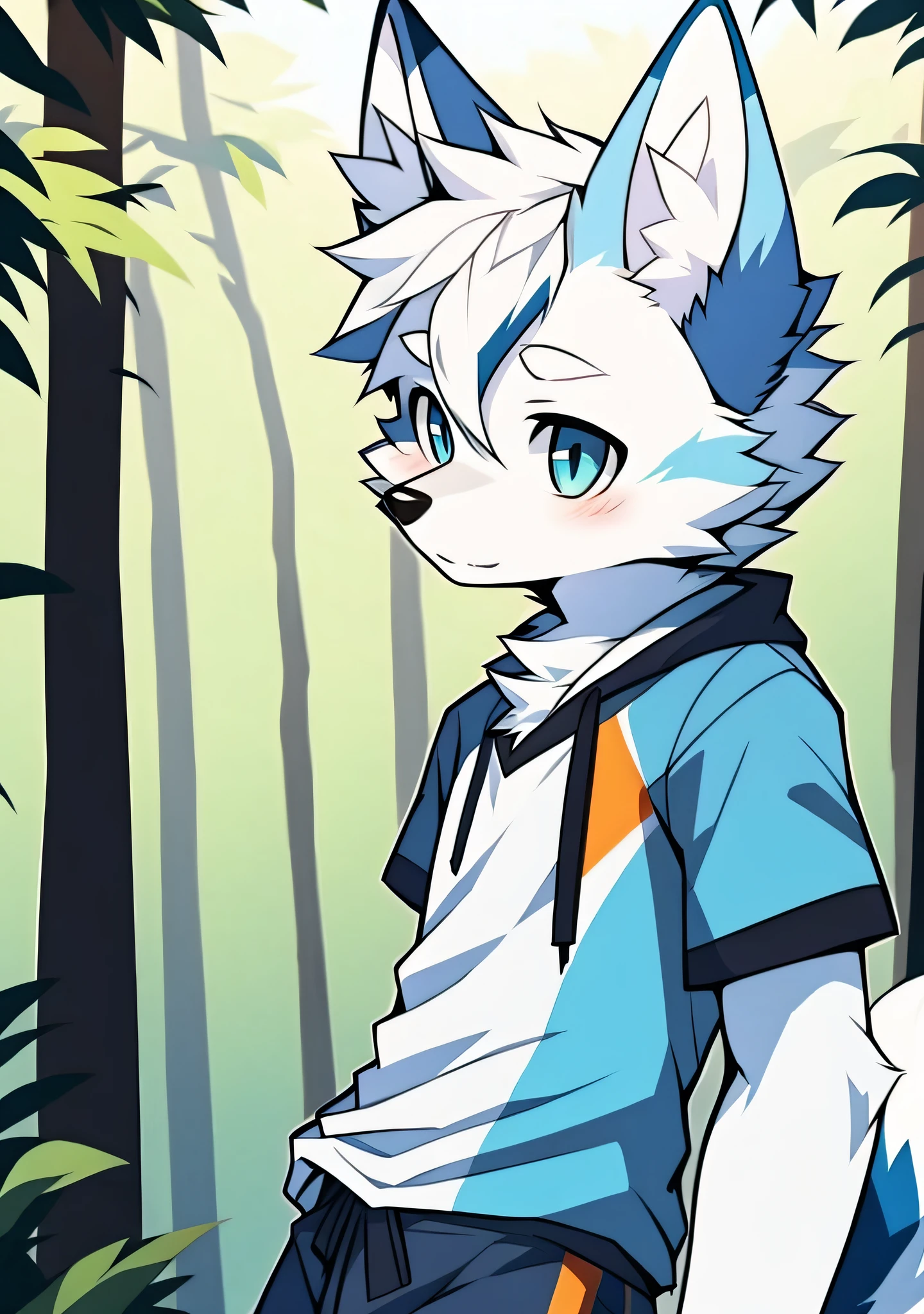 blue color eyes, Furry male, shoun, White hair,Blue short sleeves, Blue shorts, grey ears, short detailed hair,White hair, canid, Arctic wolf