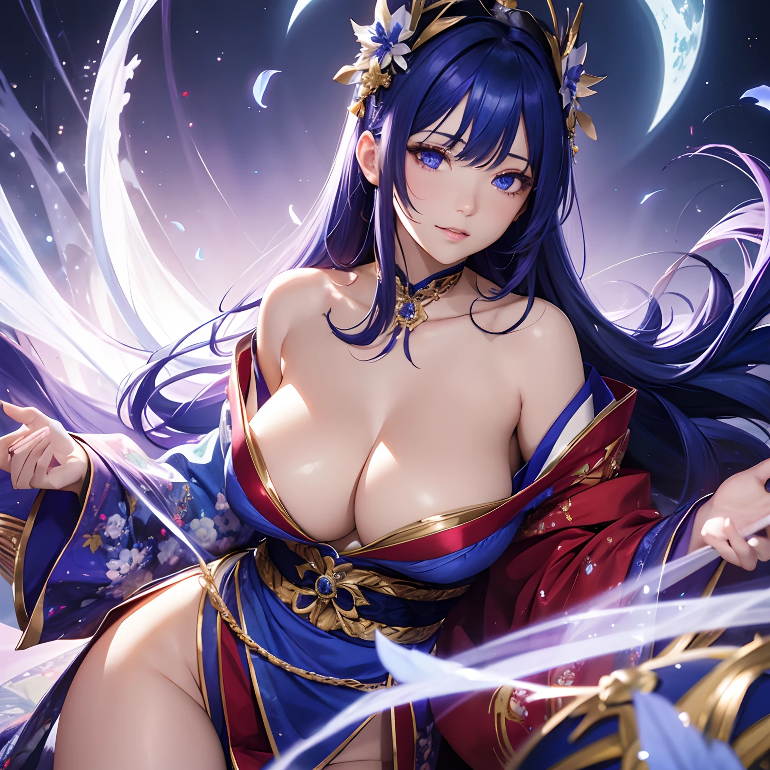 finest image, (8k, RAW photo, realistic), portrait, detailed and delicate depiction and flashy and dynamic painting method, blue violet hair, beautiful woman, sparkling crimson red sharp eyes, amorous expression, lewd expression, ecstasy, orgasm, huge breasts, treasured breasts, great proportion, open Japanese kimono, blue violet and white lilies, background big moon, iridescent golden particles