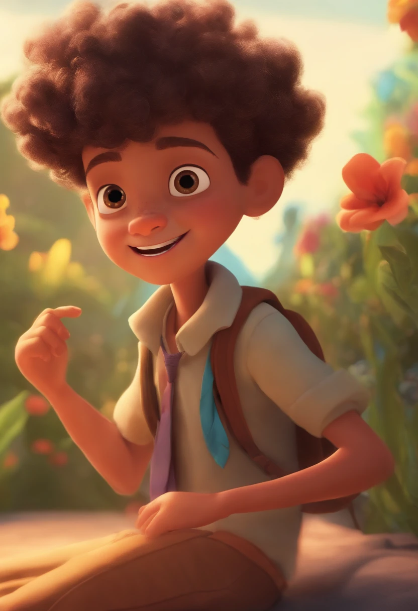 Image of a boy for a story in a YouTube video in Pixar format, He's the allabester, He's the class leader, He's outgoing, Playful and gets up for a lot of things, cabelo curto