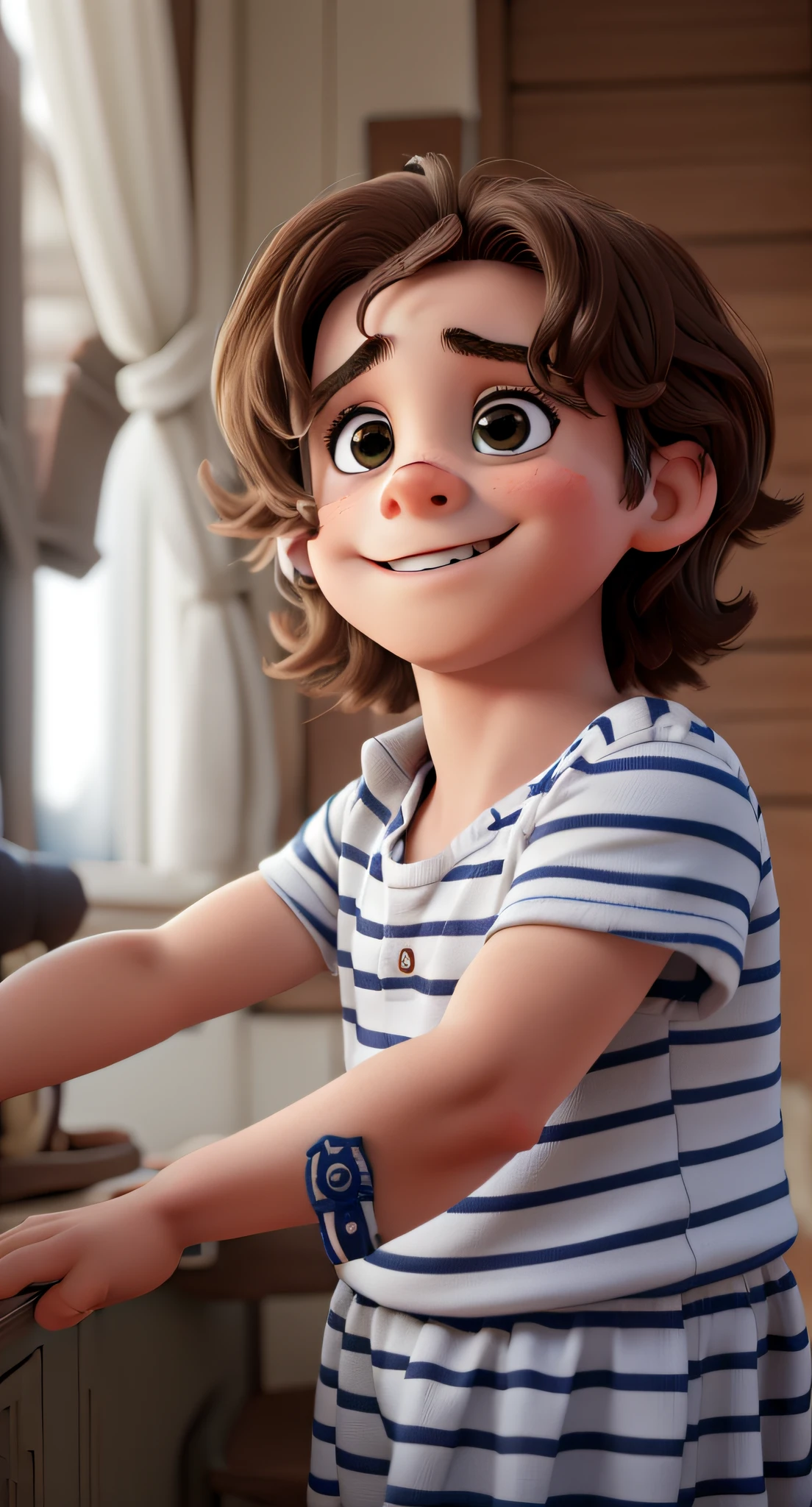 Alija Rúnar, a 12-year-old boy with ocean blue eyes, curly sandy-brown hair, and a face adorned with cute freckles, pointing at the map, his eyes filled with wonder, white plain background.