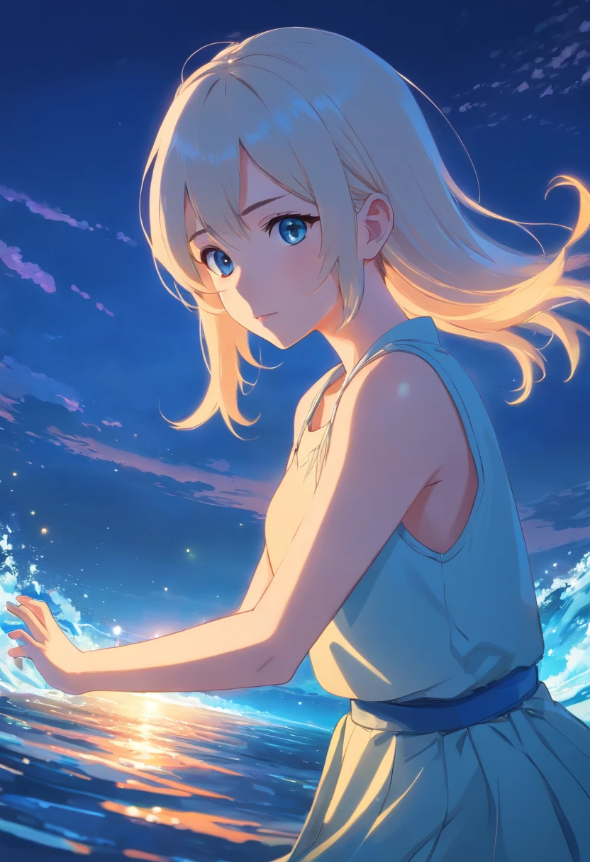 (Masterpiece, Best quality: 1.2),White color hair,Charming maiden,Dreamy,ocean floor,Epic,2D Beautiful Girl,starlights,Wallpapers,quadratic element,blue skirts,Holding the little dolphin elf in both hands,18yr old